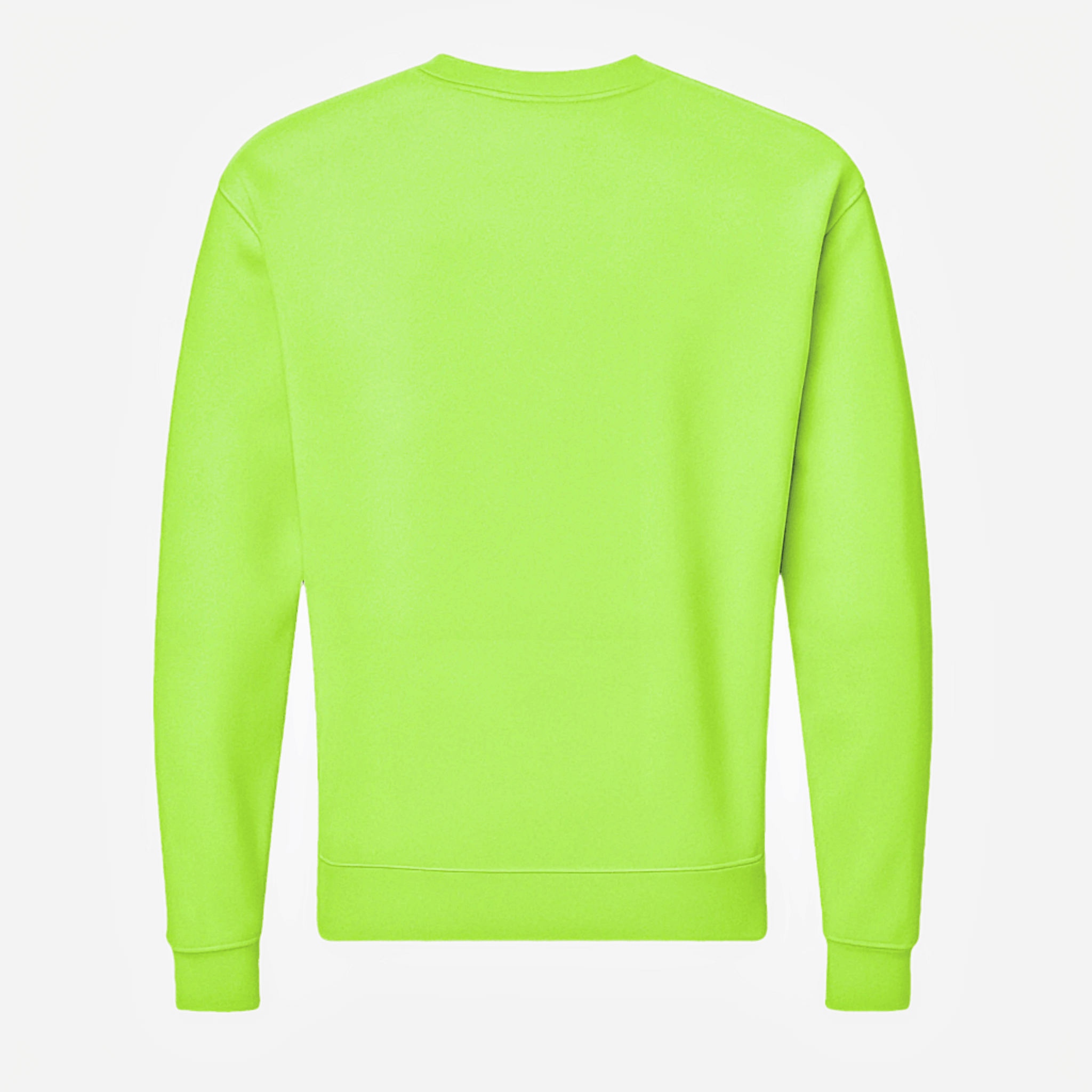 Back view of a lightweight fleece crewneck sweater in neon green, featuring a sleek design and cuffed sleeves.