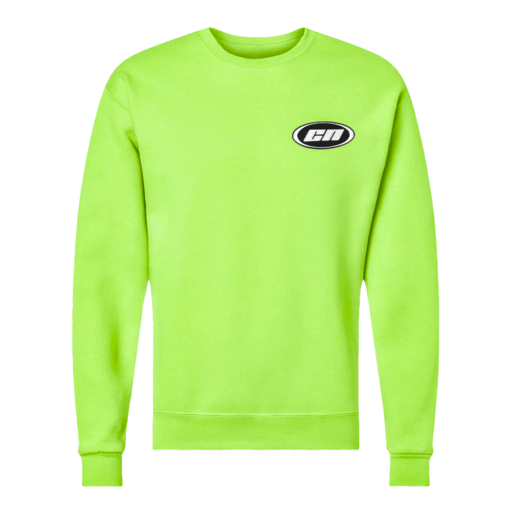 Neon green crewneck sweater made from fleece with embroidered Club Neo logo, perfect for layering and casual wear.