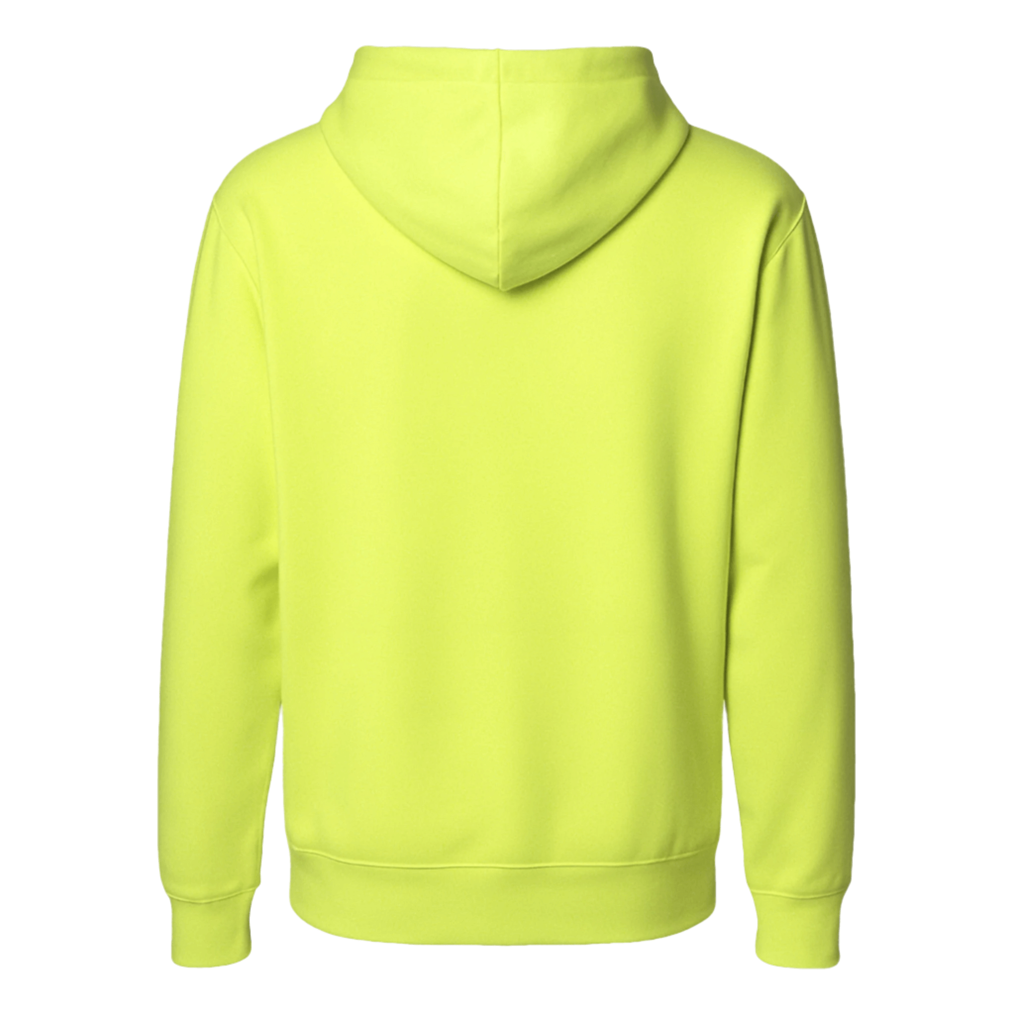 Back view of a neon lime pullover hoodie made from soft lightweight fleece, featuring a lined hood and ribbed cuffs.