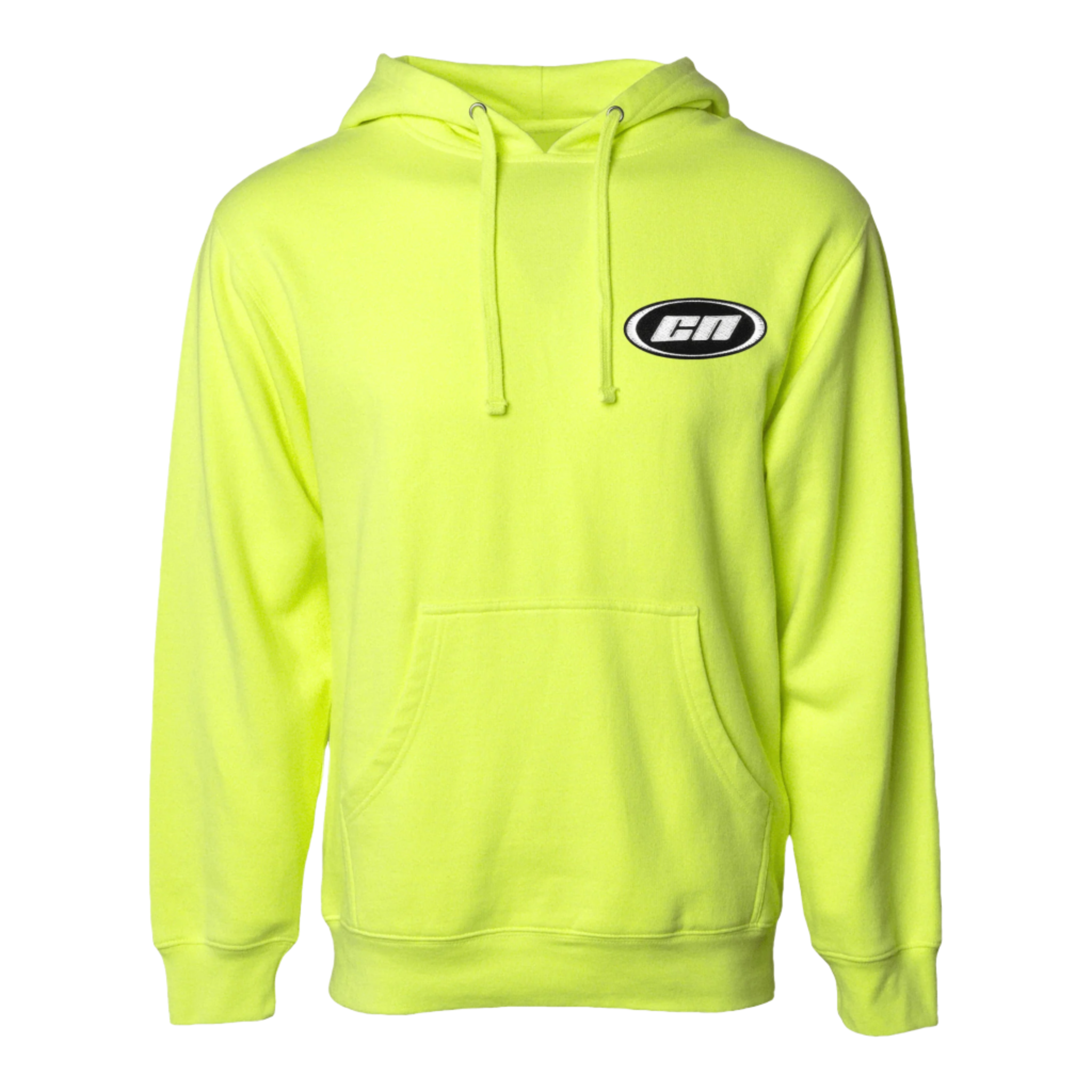 Neon lime pullover hoodie made of soft lightweight fleece with kangaroo pouch and adjustable hood.