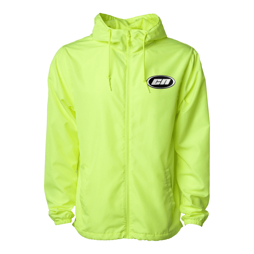 Lightweight neon lime windbreaker jacket with adjustable hood and Club Neo logo, perfect for outdoor activities.