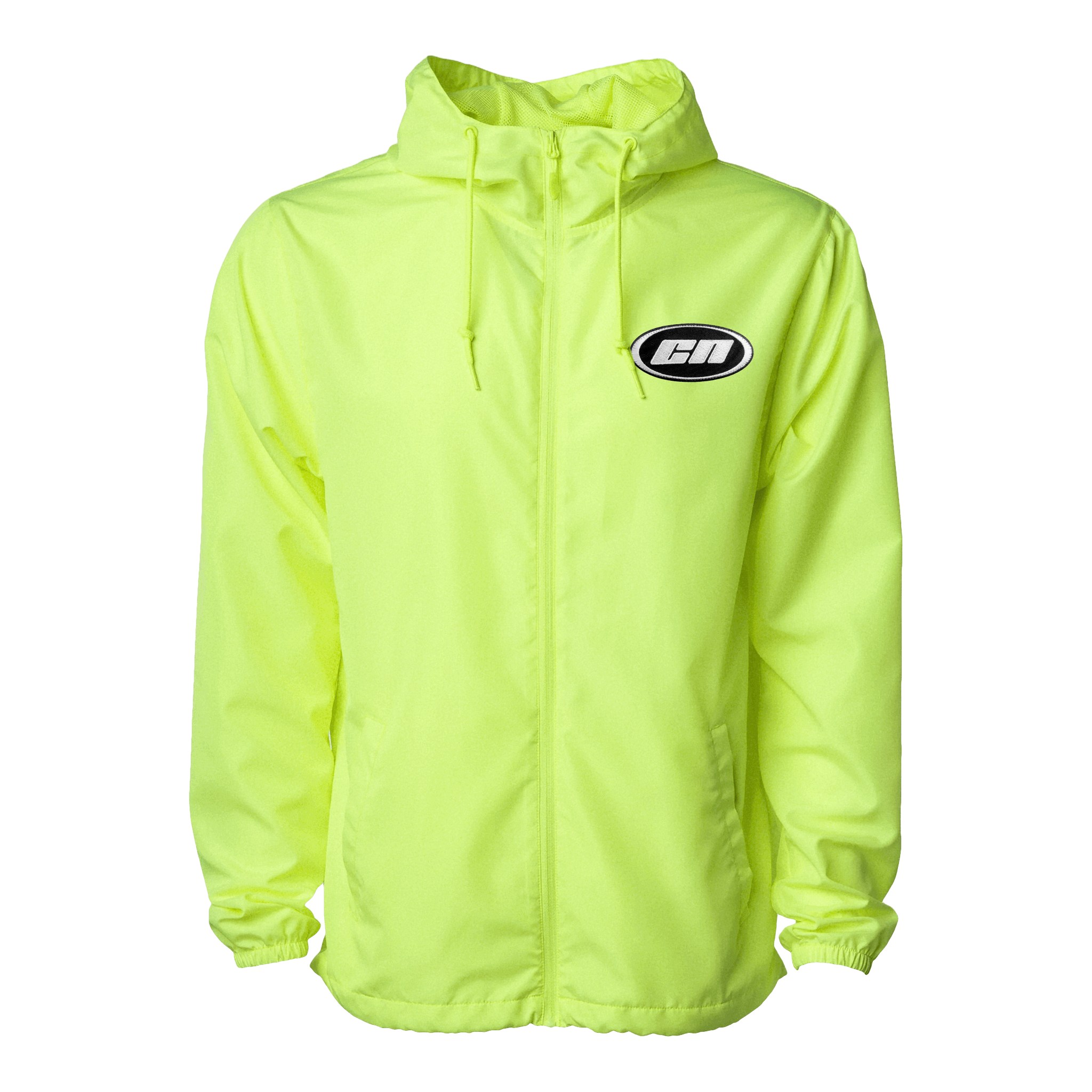 Lightweight neon lime windbreaker jacket with adjustable hood and Club Neo logo, perfect for outdoor activities.
