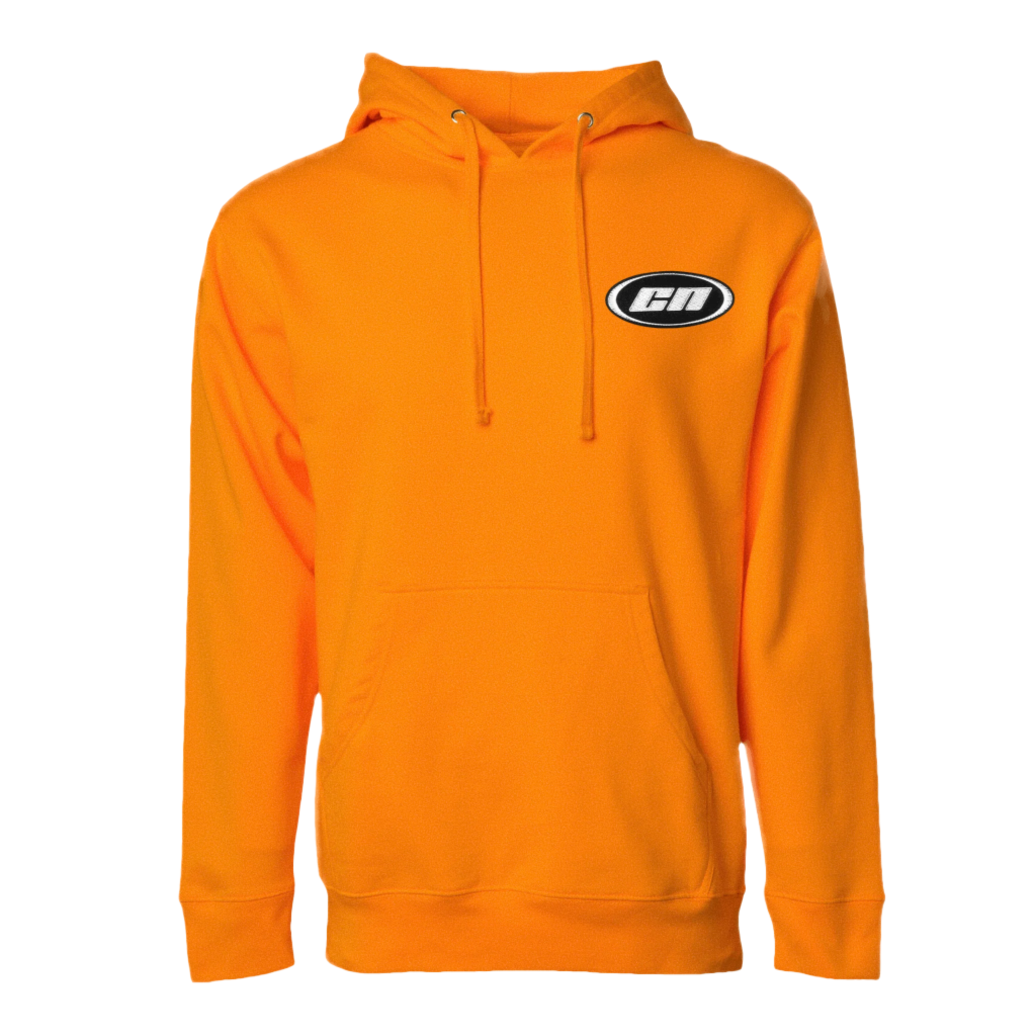 Pullover hoodie in neon orange, featuring ribbed cuffs, kangaroo pouch, and Club Neo logo for a trendy, laidback look.