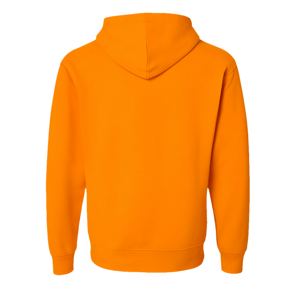 Back view of a neon orange pullover hoodie in soft lightweight fleece.