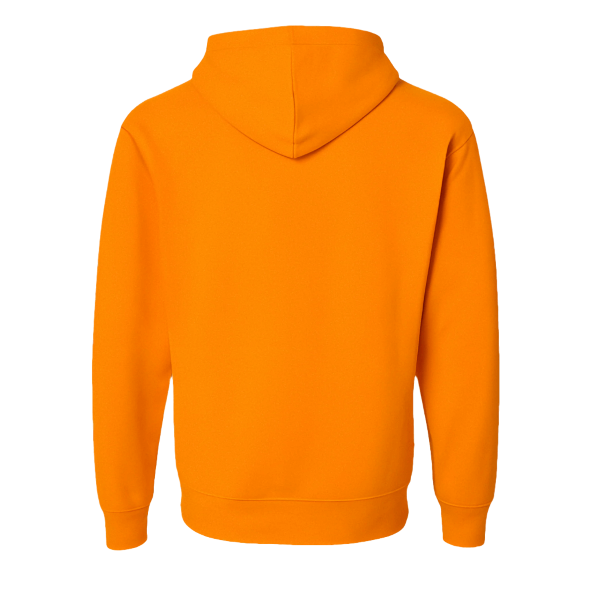 Back view of a neon orange pullover hoodie in soft lightweight fleece.