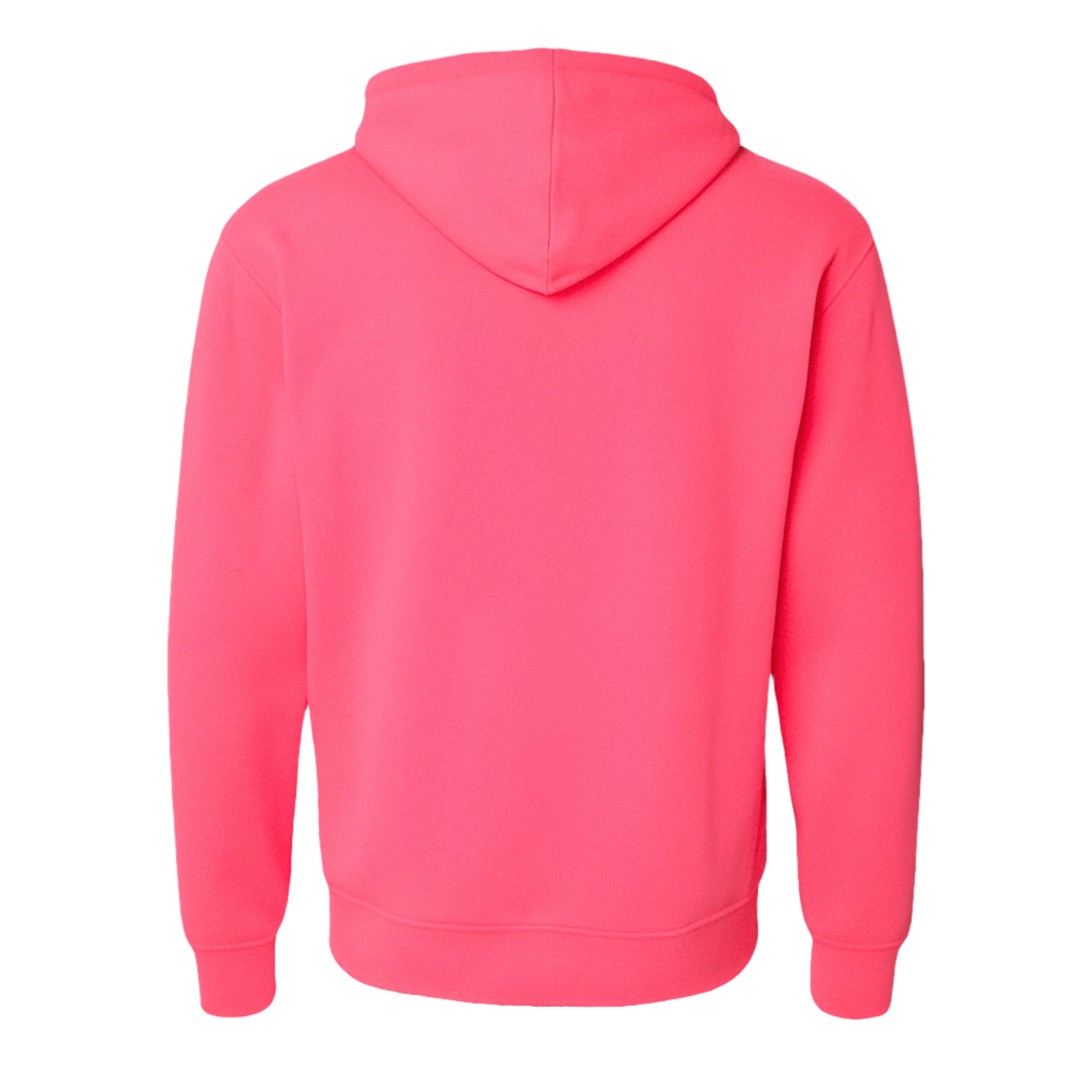 Back view of neon pink pullover hoodie featuring a lined hood and ribbed cuffs, perfect for cozy layering.