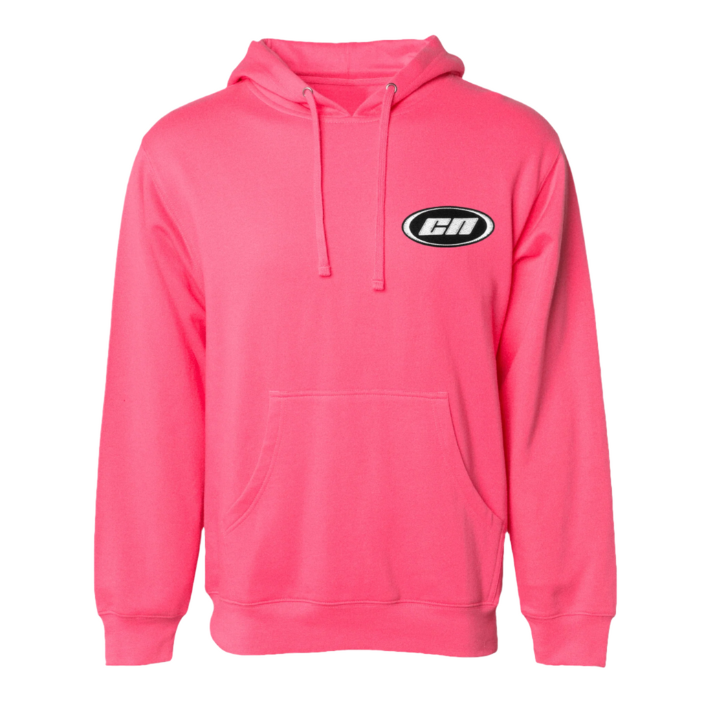 Neon pink pullover hoodie with kangaroo pouch and embroidered Club Neo logo, perfect for casual layering.