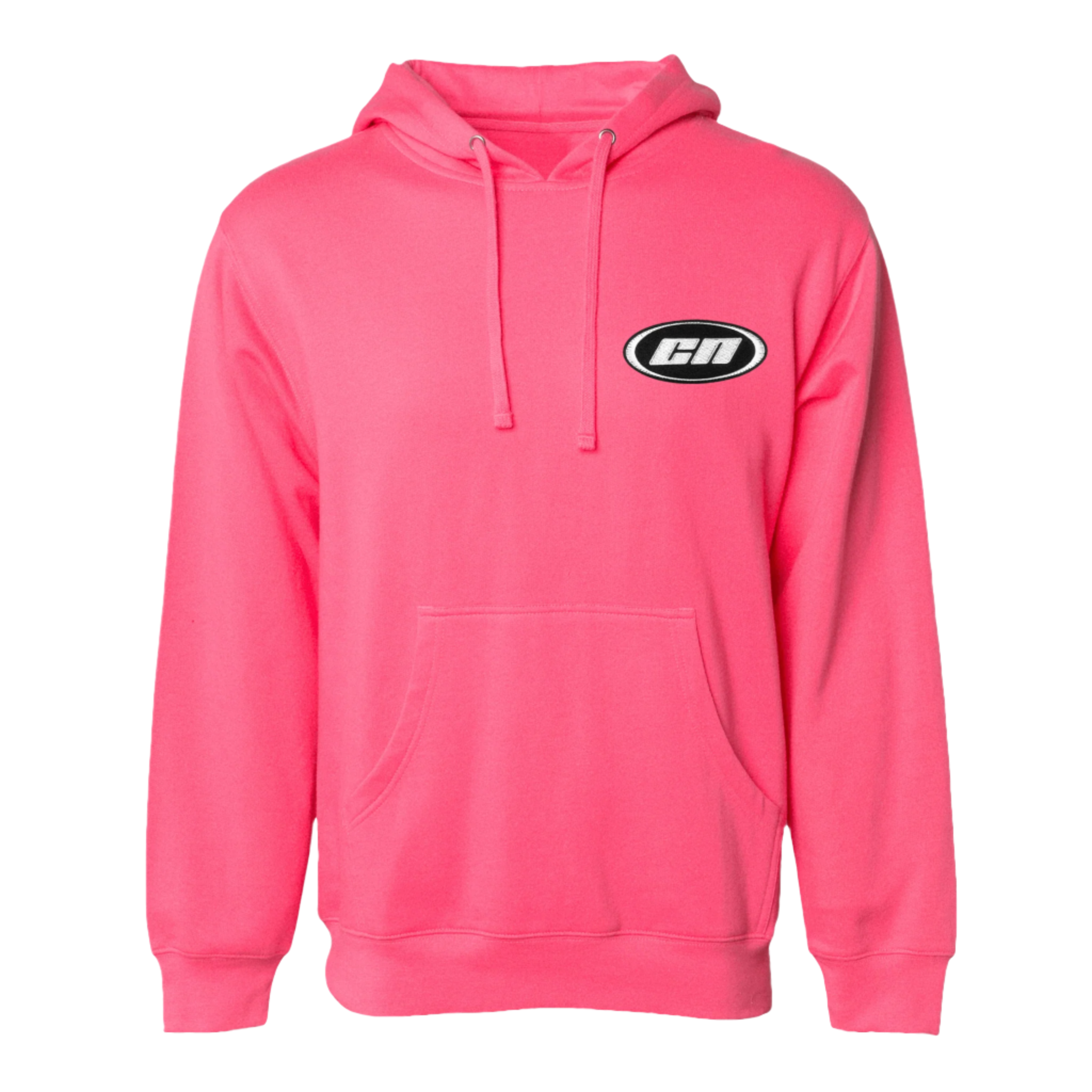 Neon pink pullover hoodie with kangaroo pouch and embroidered Club Neo logo, perfect for casual layering.