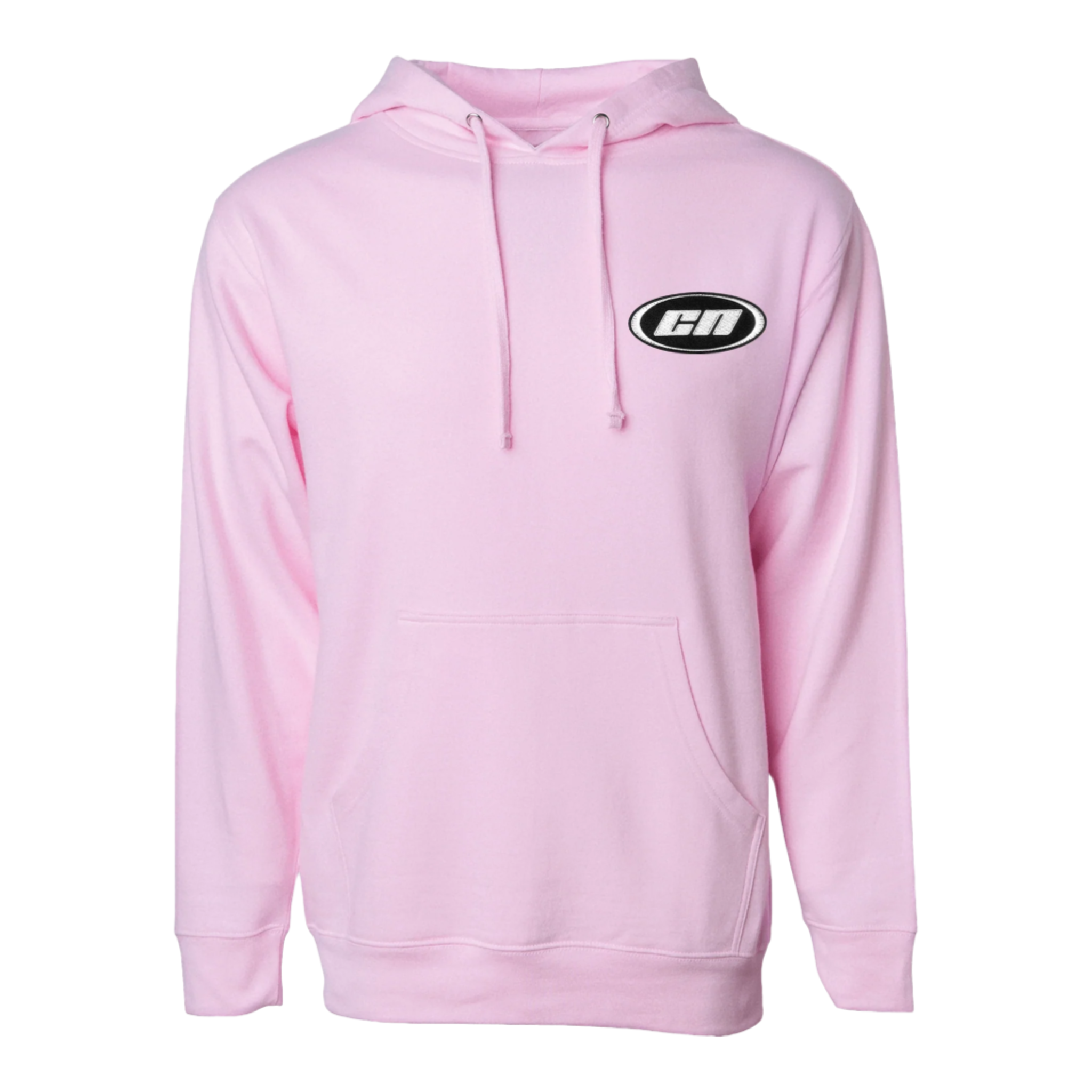 Pastel pink pullover hoodie made from soft lightweight fleece with kangaroo pouch and embroidered logo