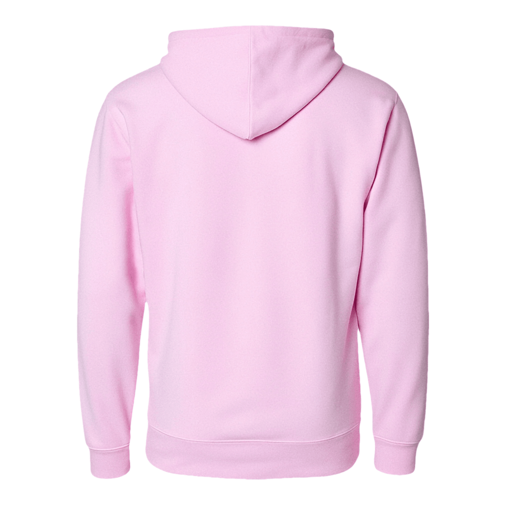 Back view of pastel pink pullover hoodie featuring a lined hood and ribbed cuffs.