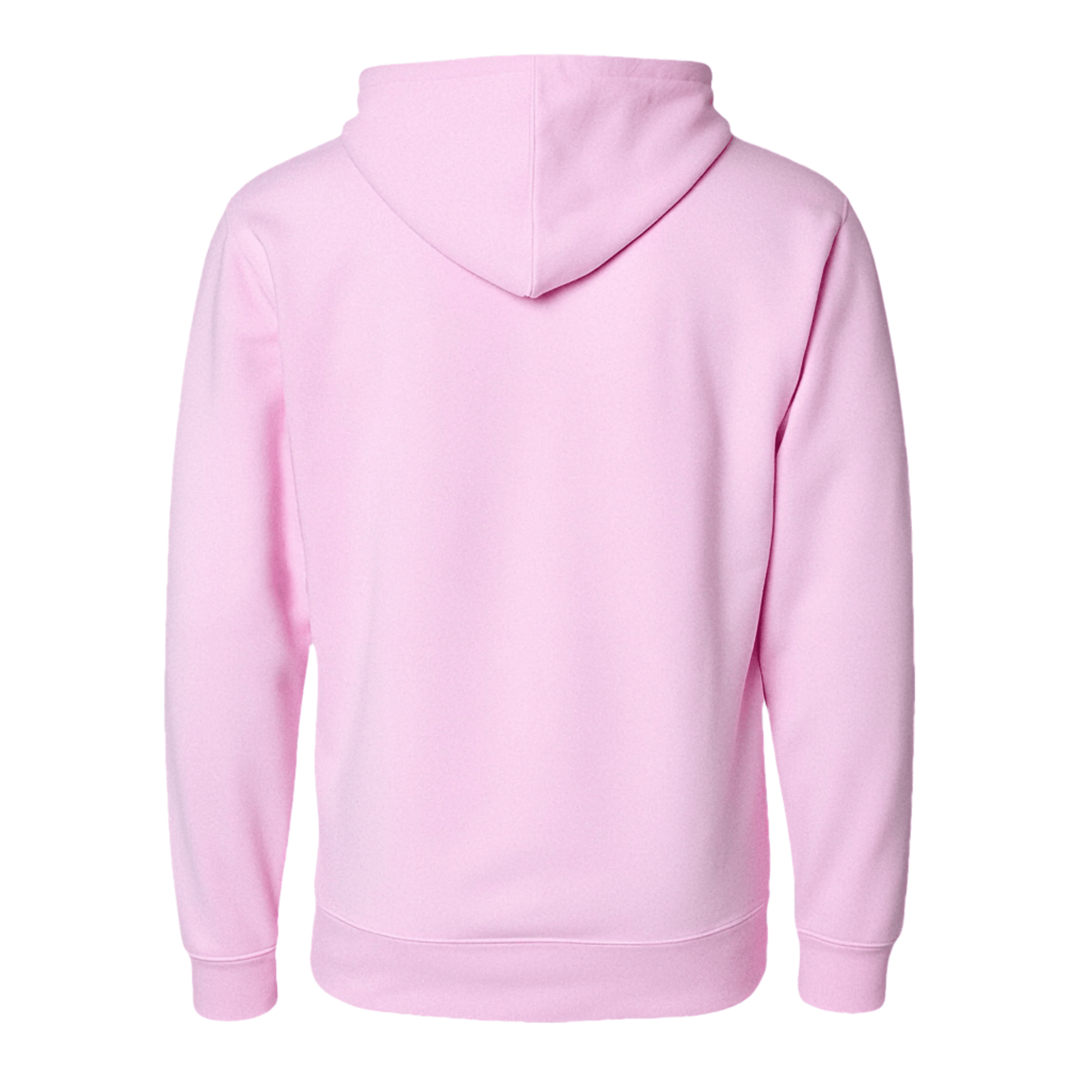Back view of pastel pink pullover hoodie featuring a lined hood and ribbed cuffs.