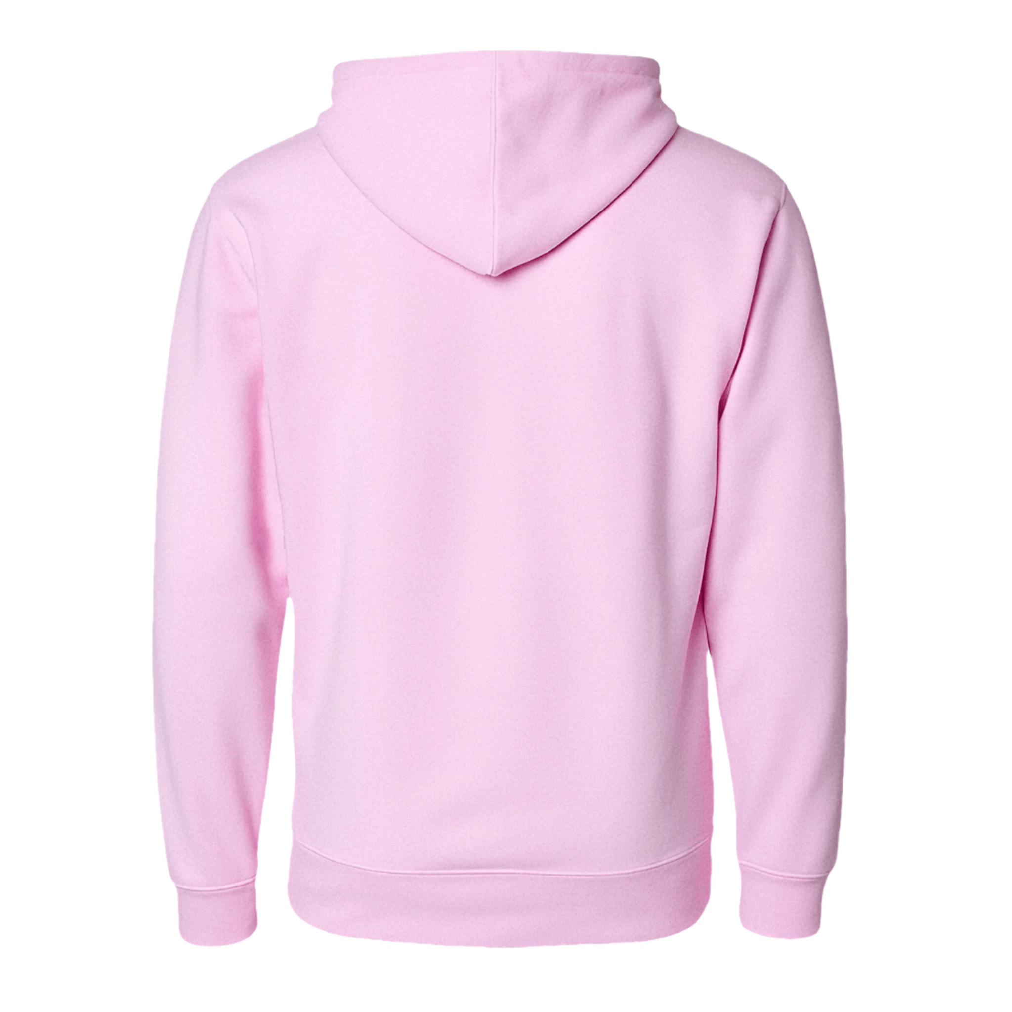 Back view of pastel pink pullover hoodie featuring a lined hood and ribbed cuffs.