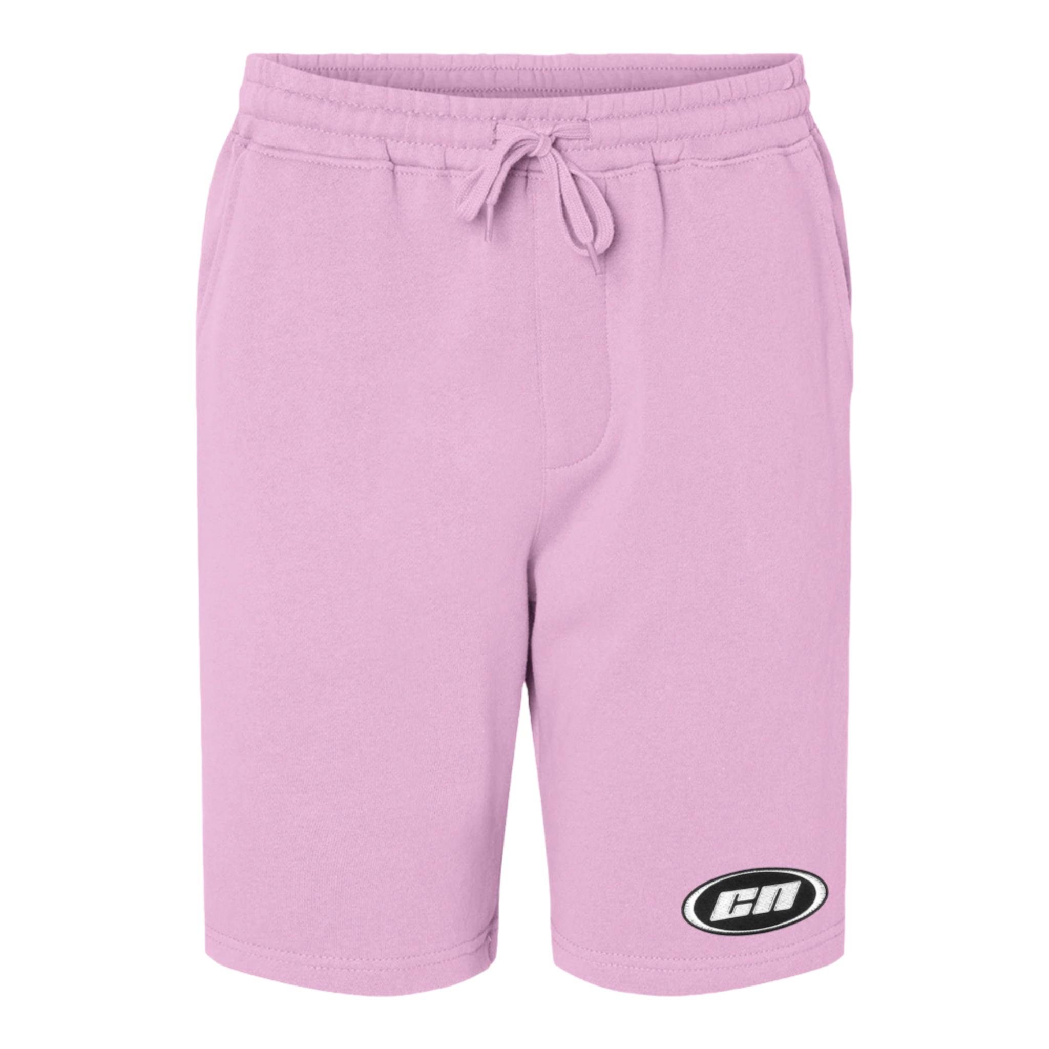 Pastel pink fleece shorts with adjustable drawstrings, pockets, and embroidered Club Neo logo.
