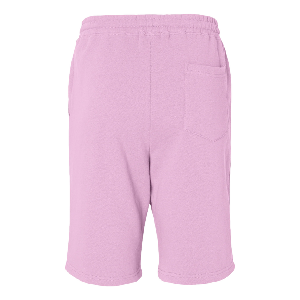 Back view of pastel pink fleece shorts with elastic waistband and side pockets, designed for comfort and versatility.