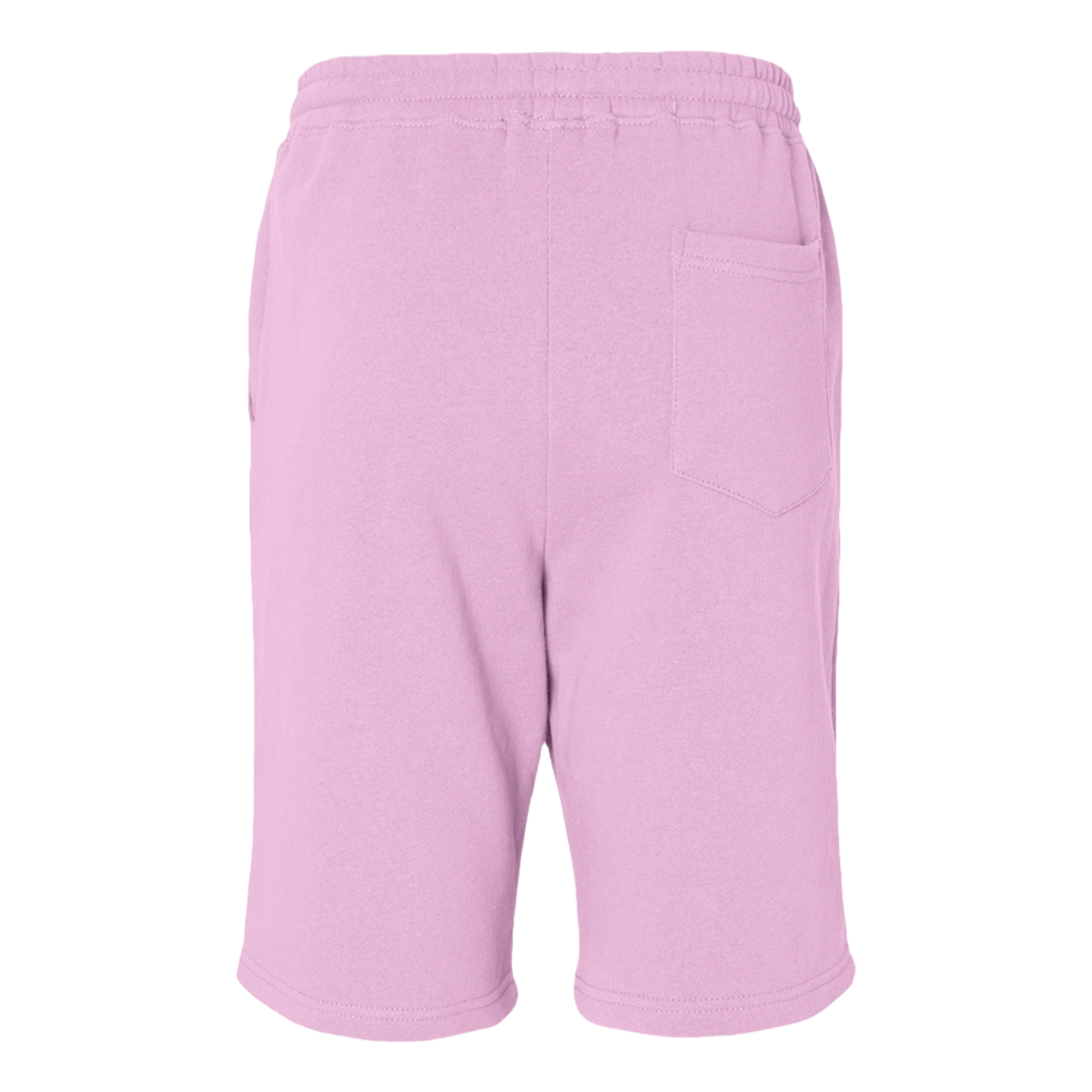Back view of pastel pink fleece shorts with elastic waistband and side pockets, designed for comfort and versatility.