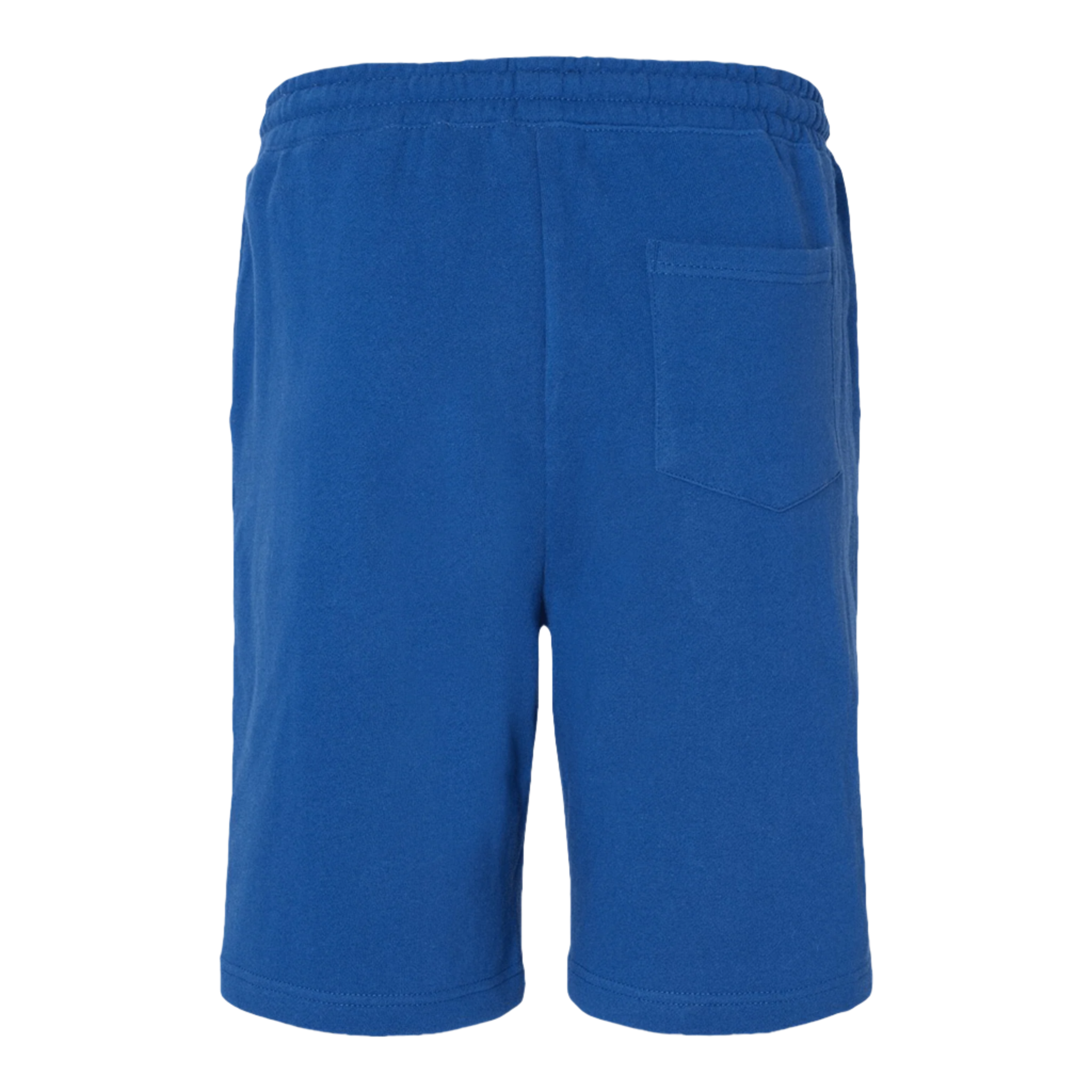 Back view of relaxed fit royal blue fleece shorts with elastic waist and side pockets.