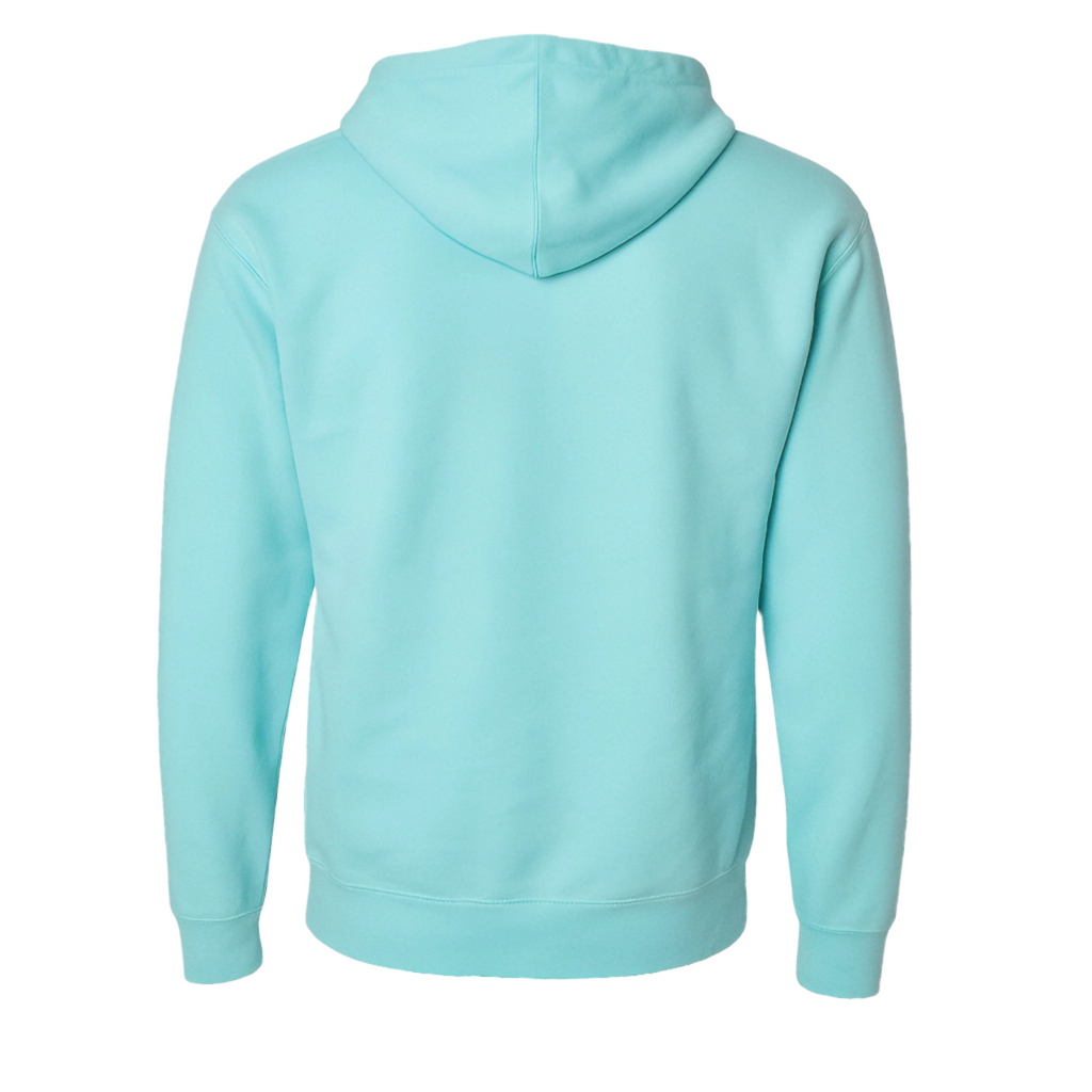 Back view of turquoise pullover hoodie in soft lightweight fleece with adjustable hood.