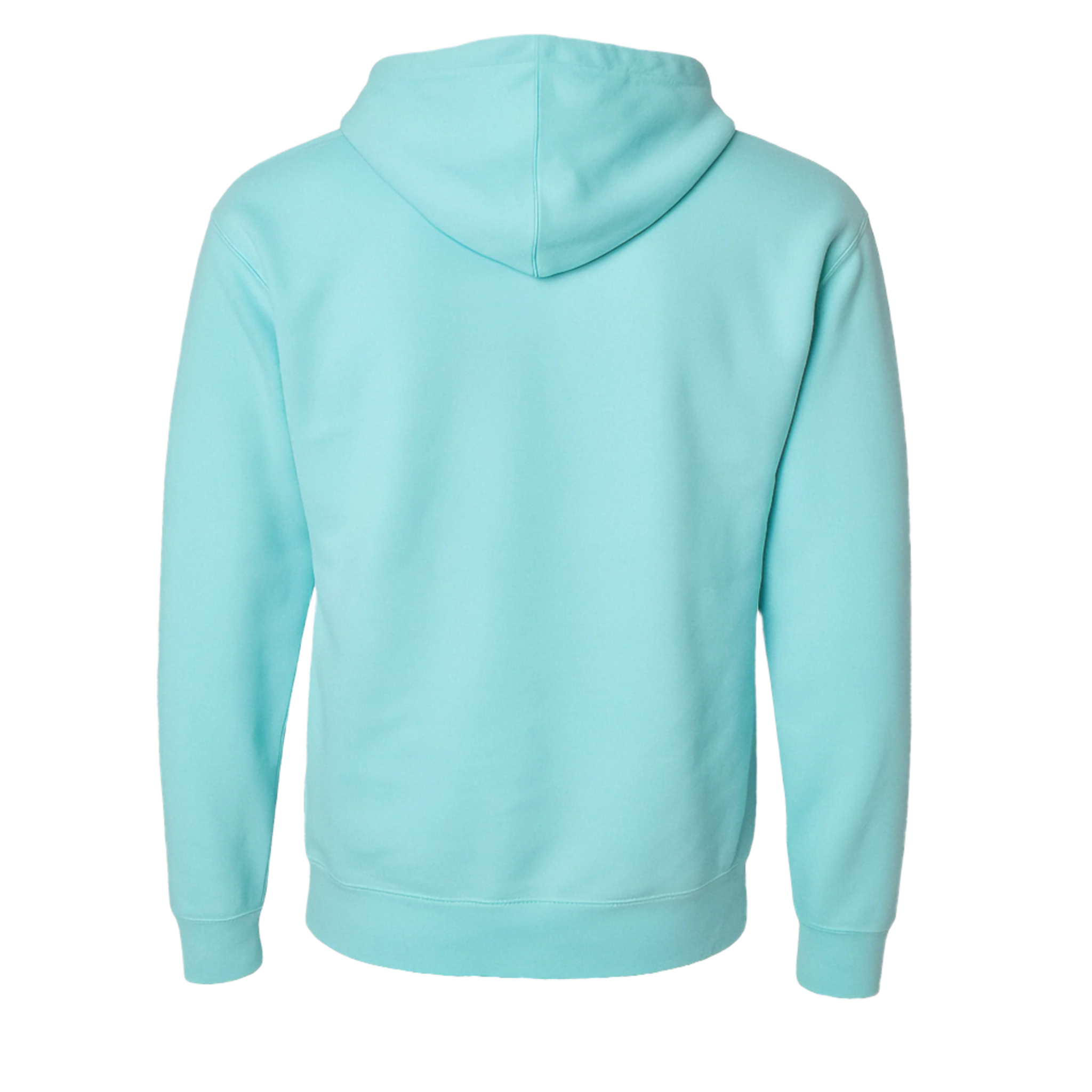 Back view of turquoise pullover hoodie in soft lightweight fleece with adjustable hood.