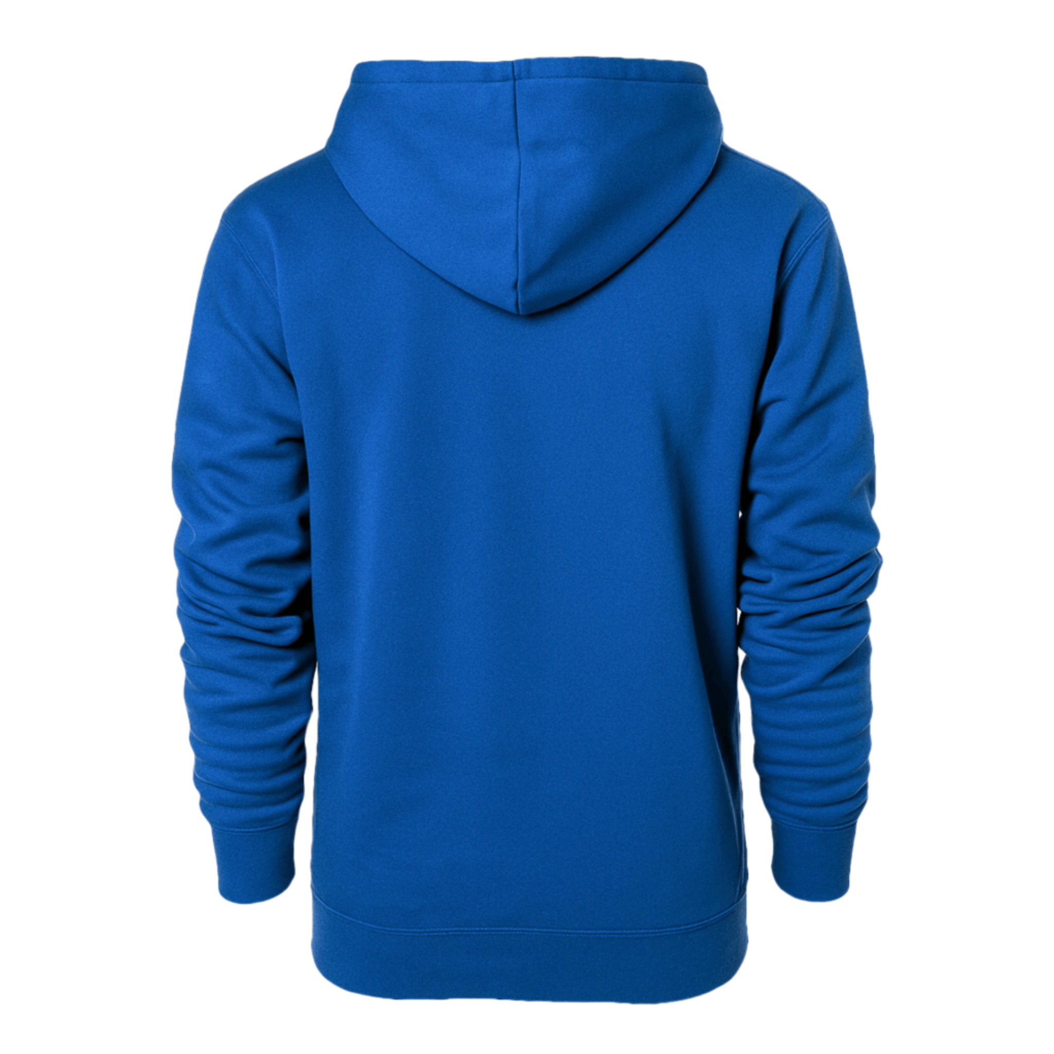 Back view of a royal blue pullover hoodie made from lightweight fleece for comfort and style.
