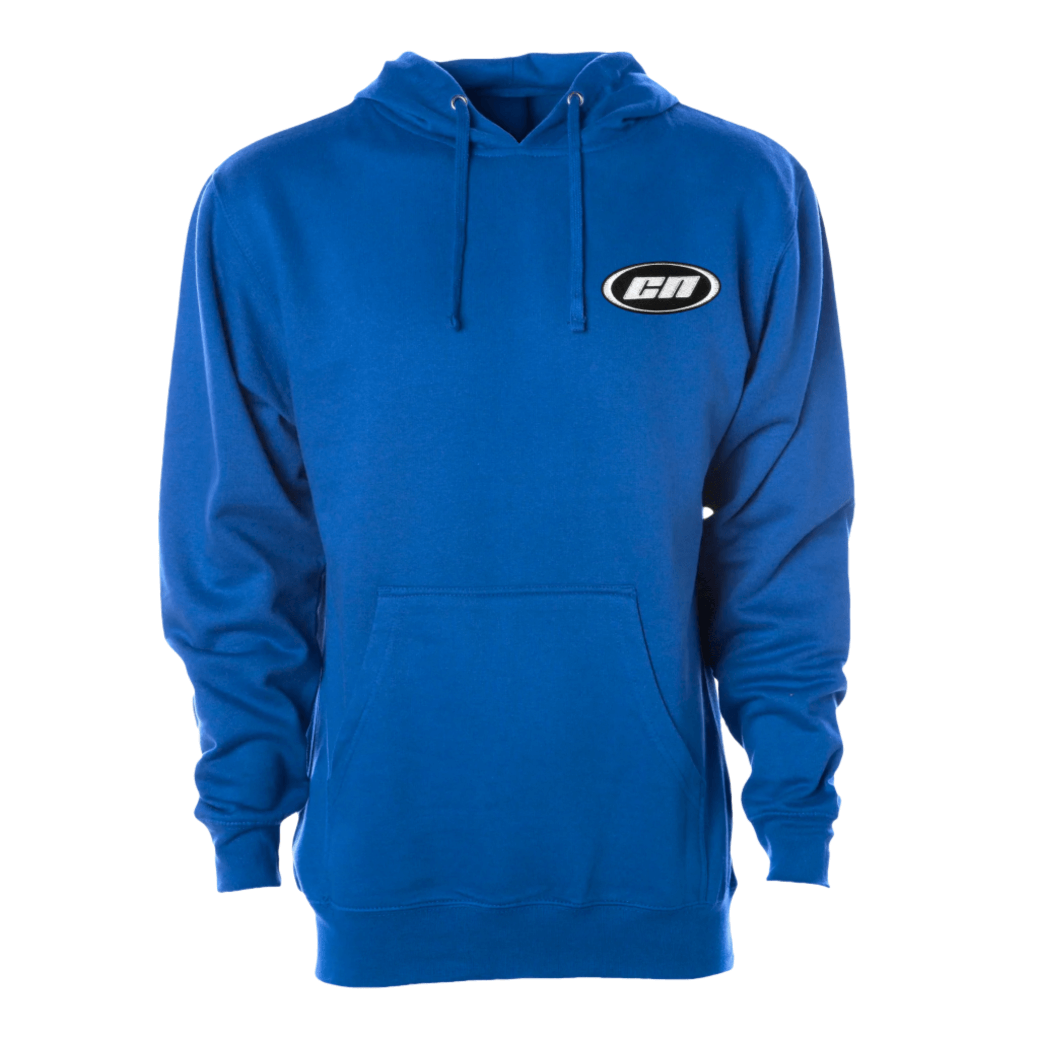 Royal blue pullover hoodie with embroidered logo, semi-relaxed fit, and front kangaroo pouch pocket.