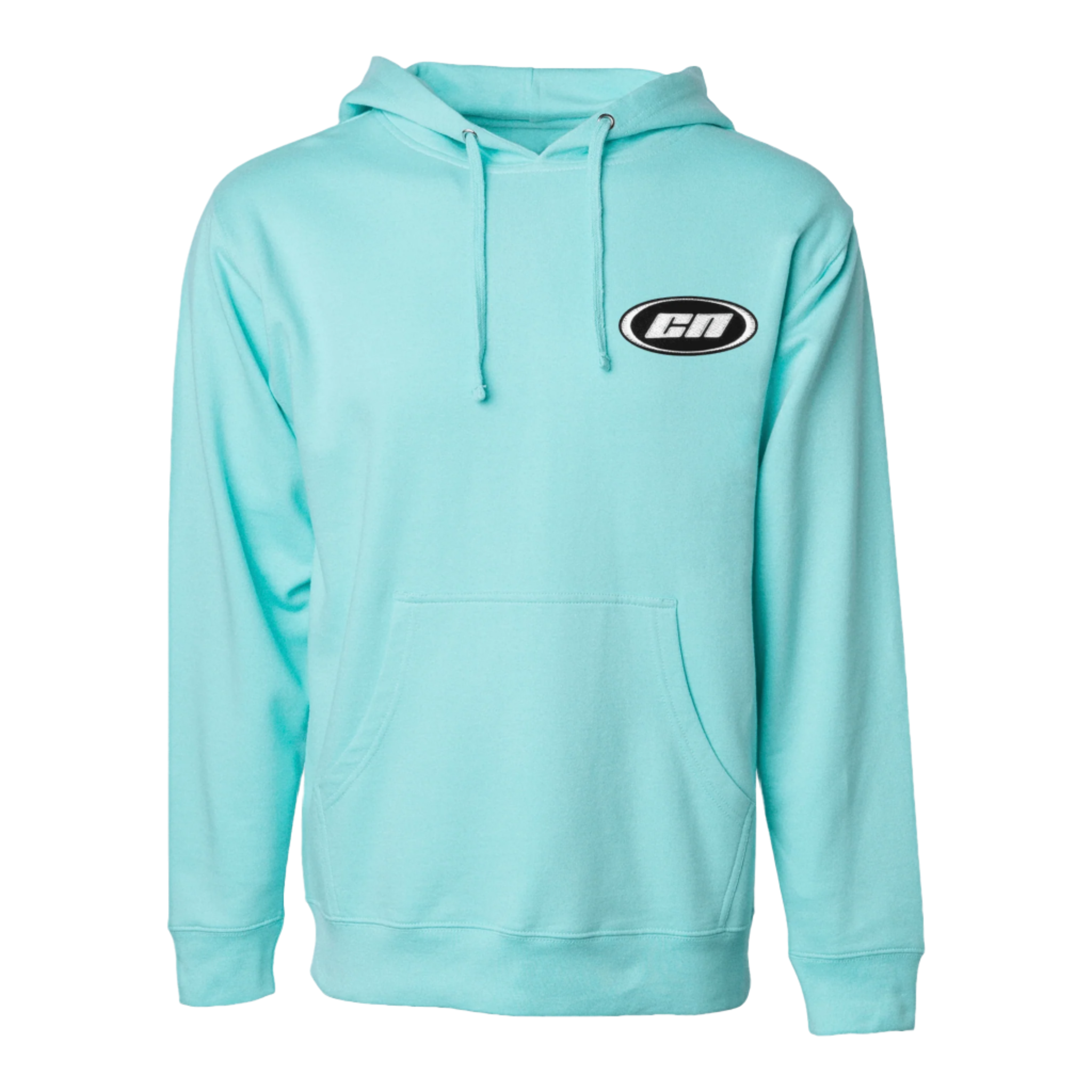 Turquoise pullover hoodie made from soft fleece, featuring a kangaroo pouch and embroidered Club Neo logo.
