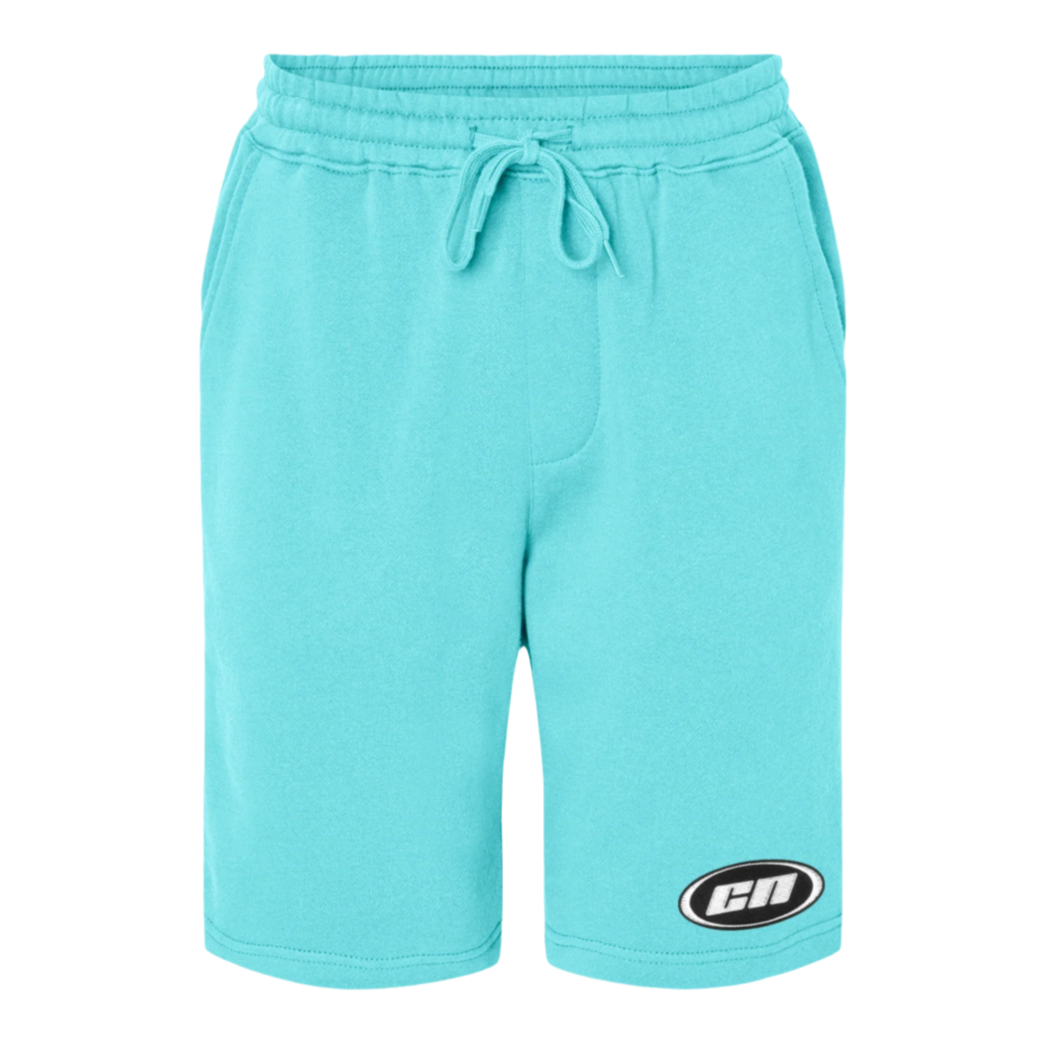 Turquoise fleece shorts with adjustable drawstrings and embroidered Club Neo logo, perfect for casual wear.