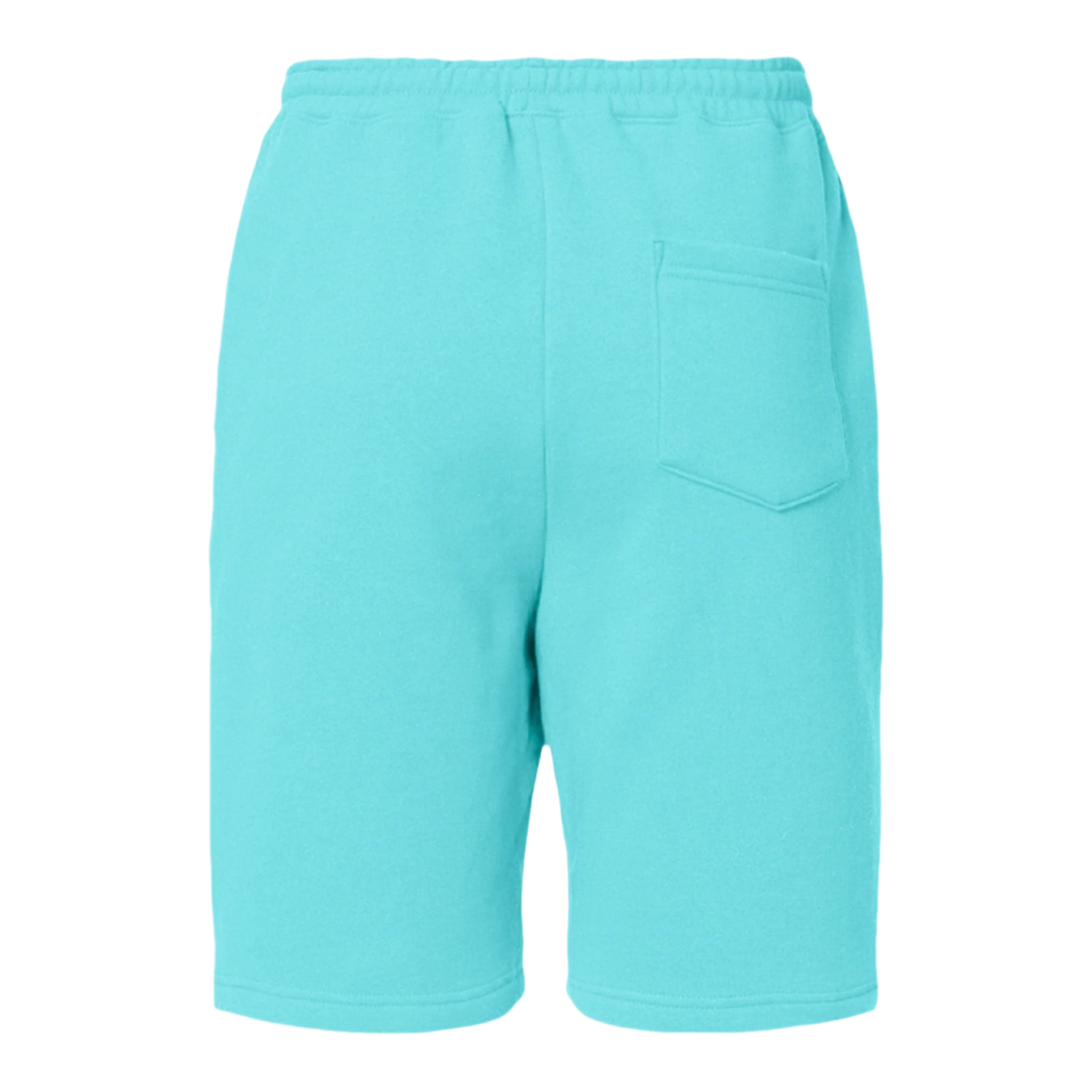 Back view of turquoise fleece shorts with elastic waist and pocket, perfect for relaxed fit and casual wear.