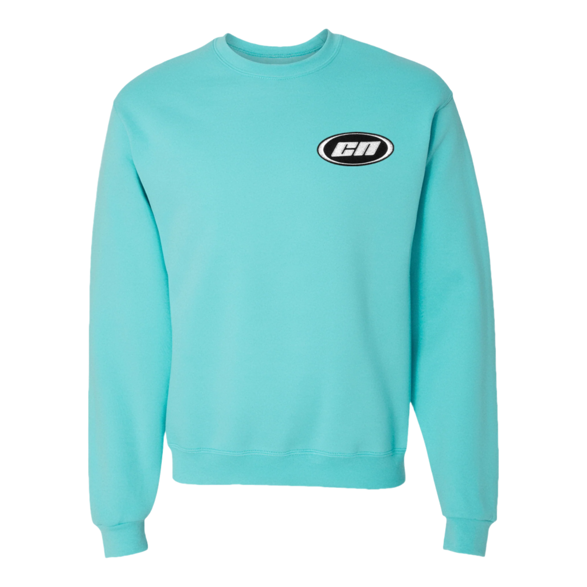 Lightweight turquoise crewneck sweater with embroidered Club Neo logo, perfect for modern layering and casual wear.