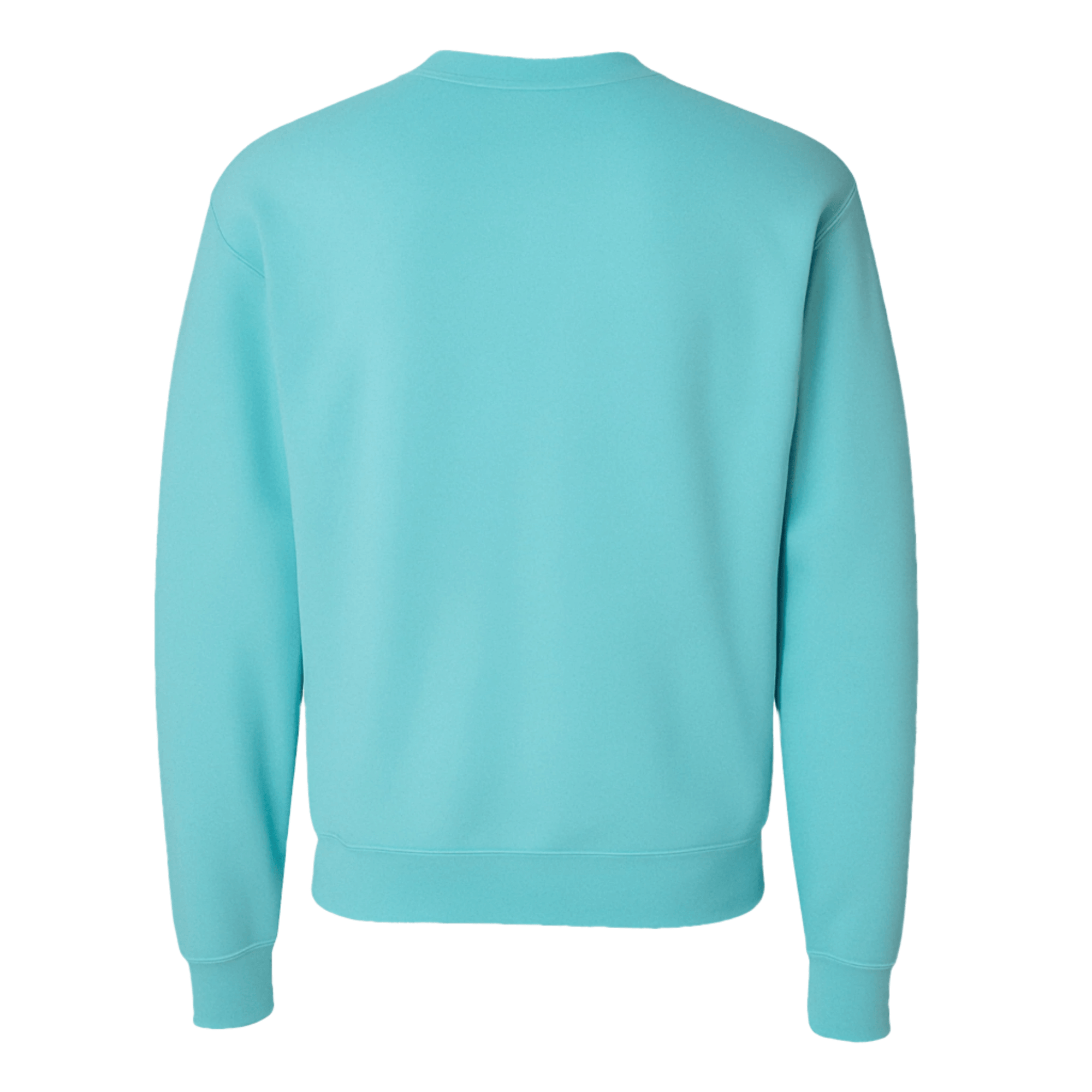 Back view of a turquoise crewneck sweater made from lightweight fleece.