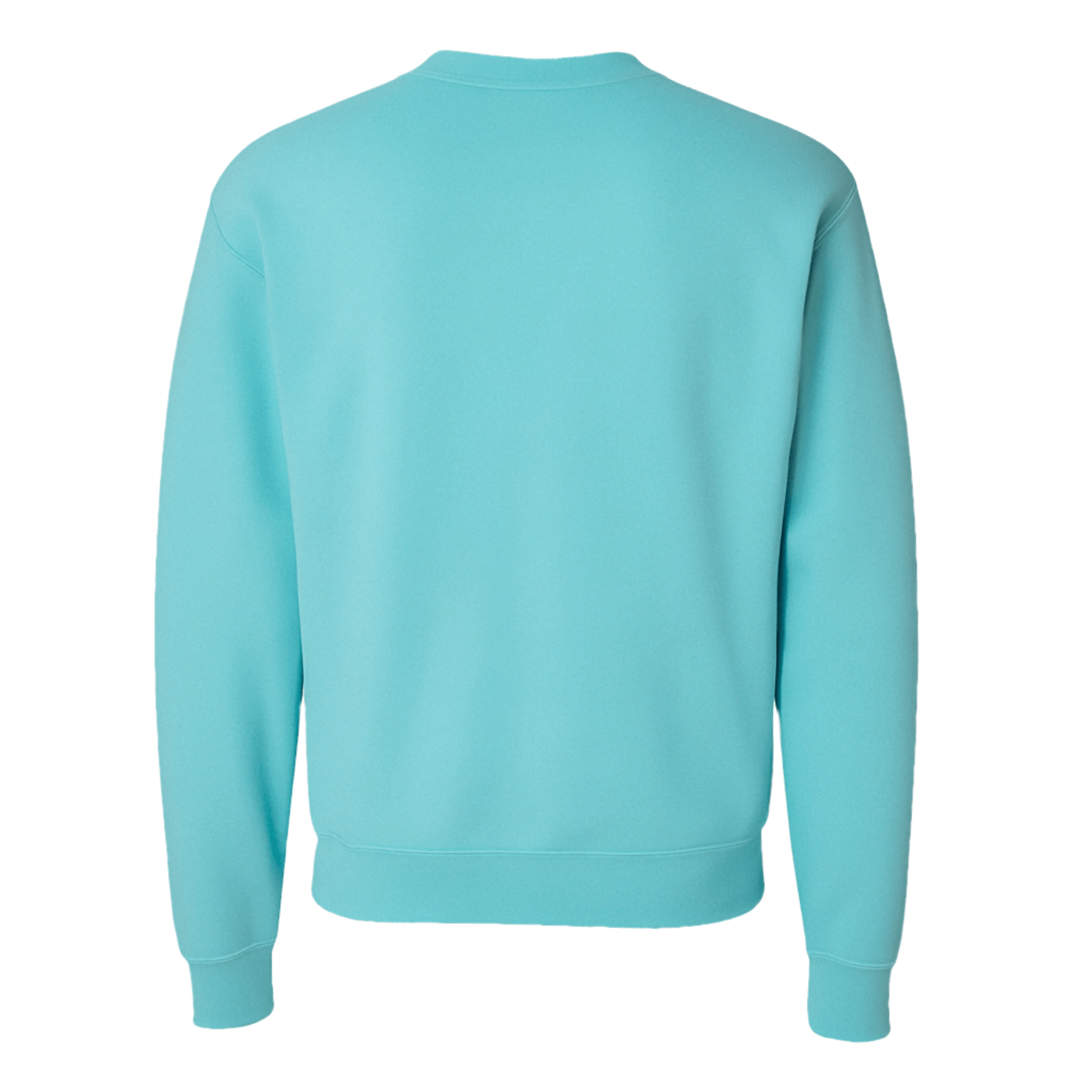 Back view of a turquoise crewneck sweater made from lightweight fleece.