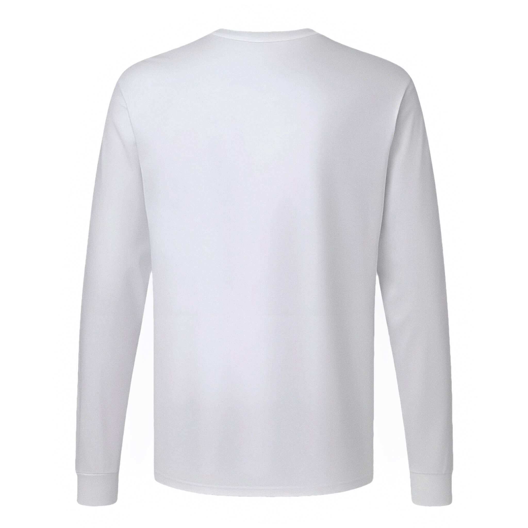 Back view of a long sleeve white cotton t-shirt with cuffed sleeves and a semi-relaxed fit, featuring minimalist design.
