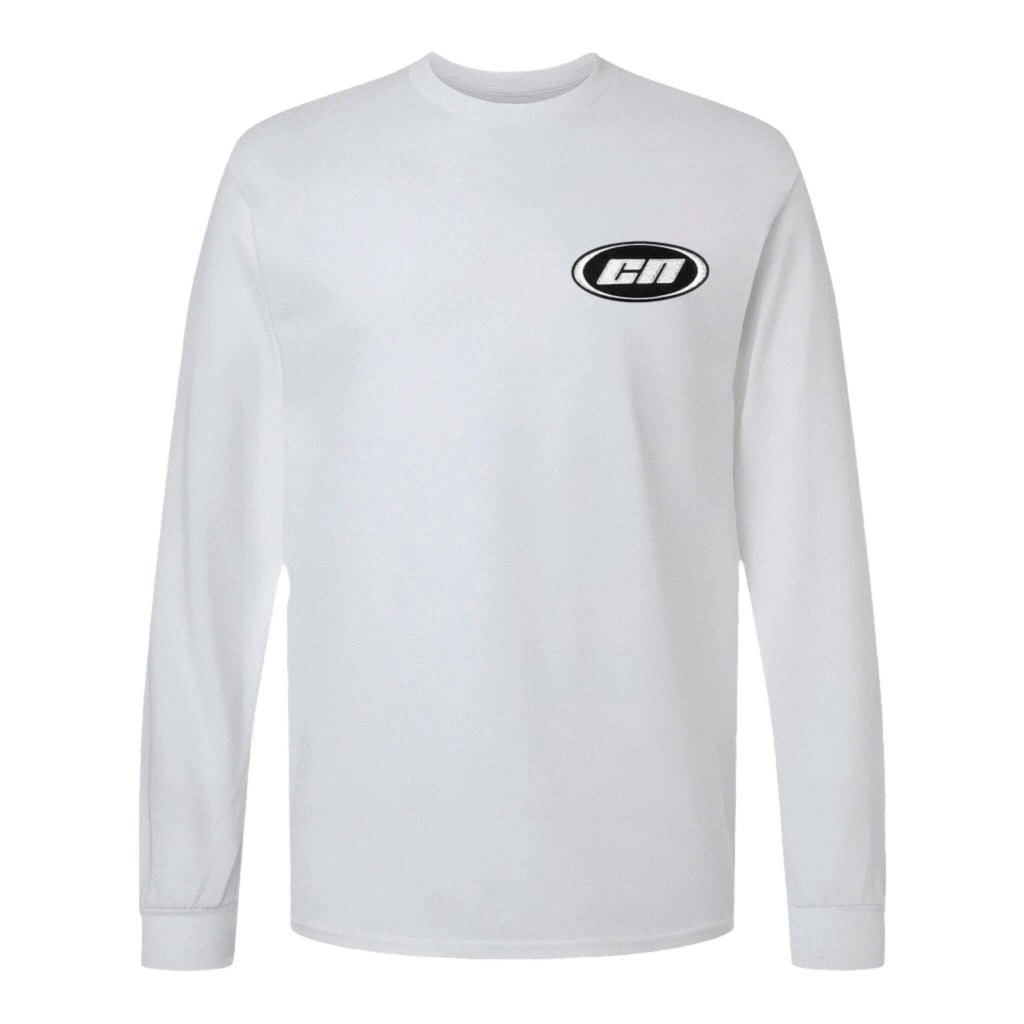 Long sleeve cotton t-shirt in white with embroidered Club Neo logo, semi-relaxed fit and cuffed sleeves.