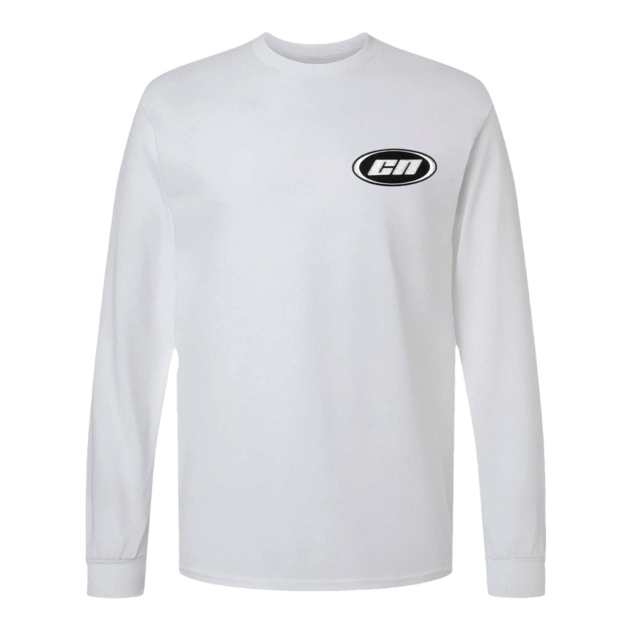 Long sleeve cotton t-shirt in white with embroidered Club Neo logo, semi-relaxed fit and cuffed sleeves.