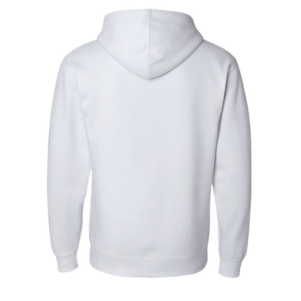 Back view of a soft lightweight white pullover hoodie with a lined hood and ribbed cuffs.
