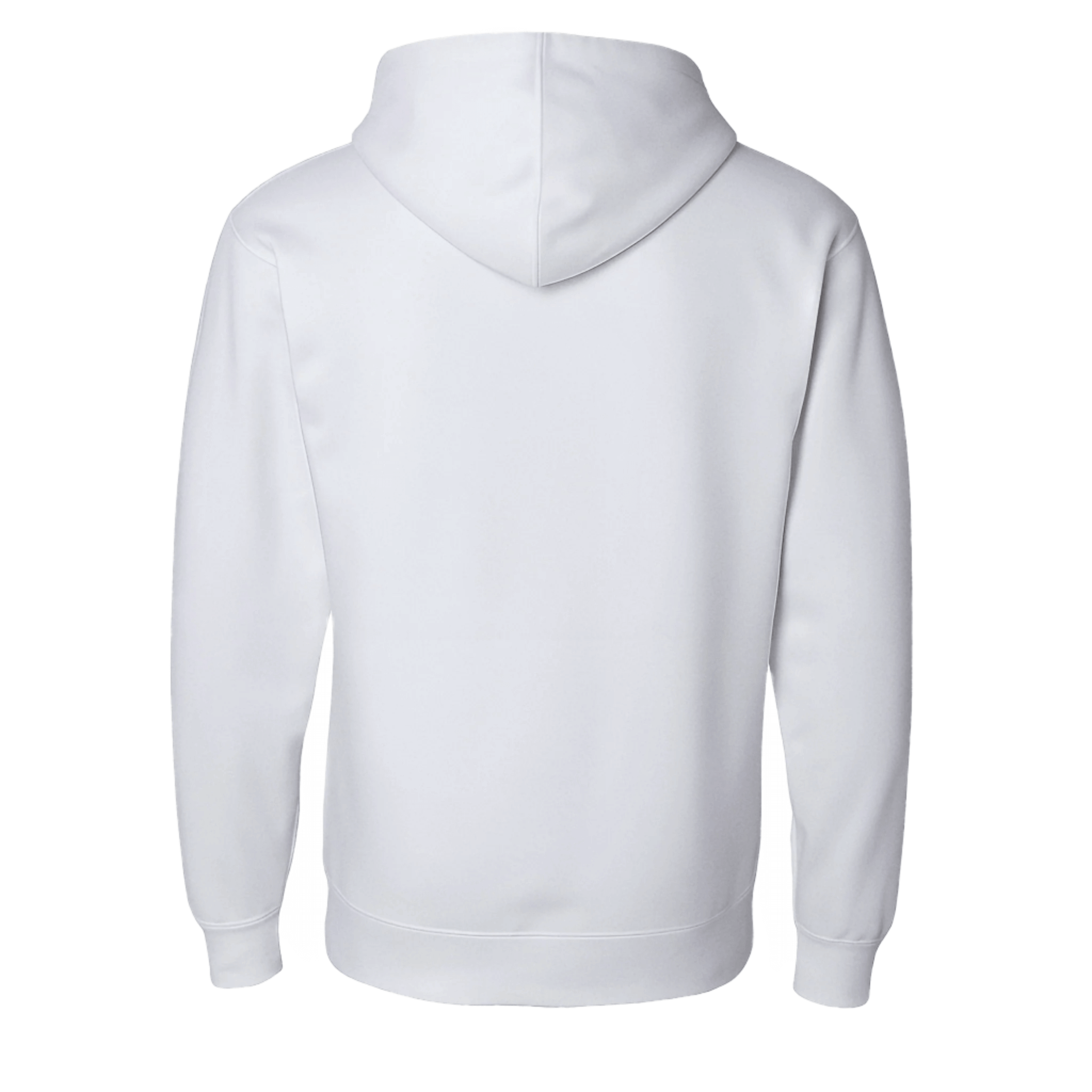 Back view of a soft lightweight white pullover hoodie with a lined hood and ribbed cuffs.