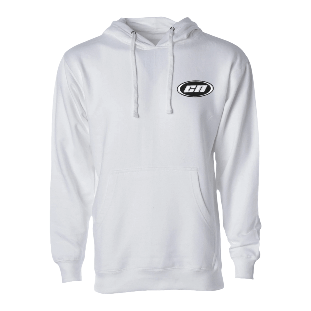 White pullover hoodie, soft lightweight fleece with Club Neo logo, kangaroo pouch, adjustable drawstrings, unisex fit.