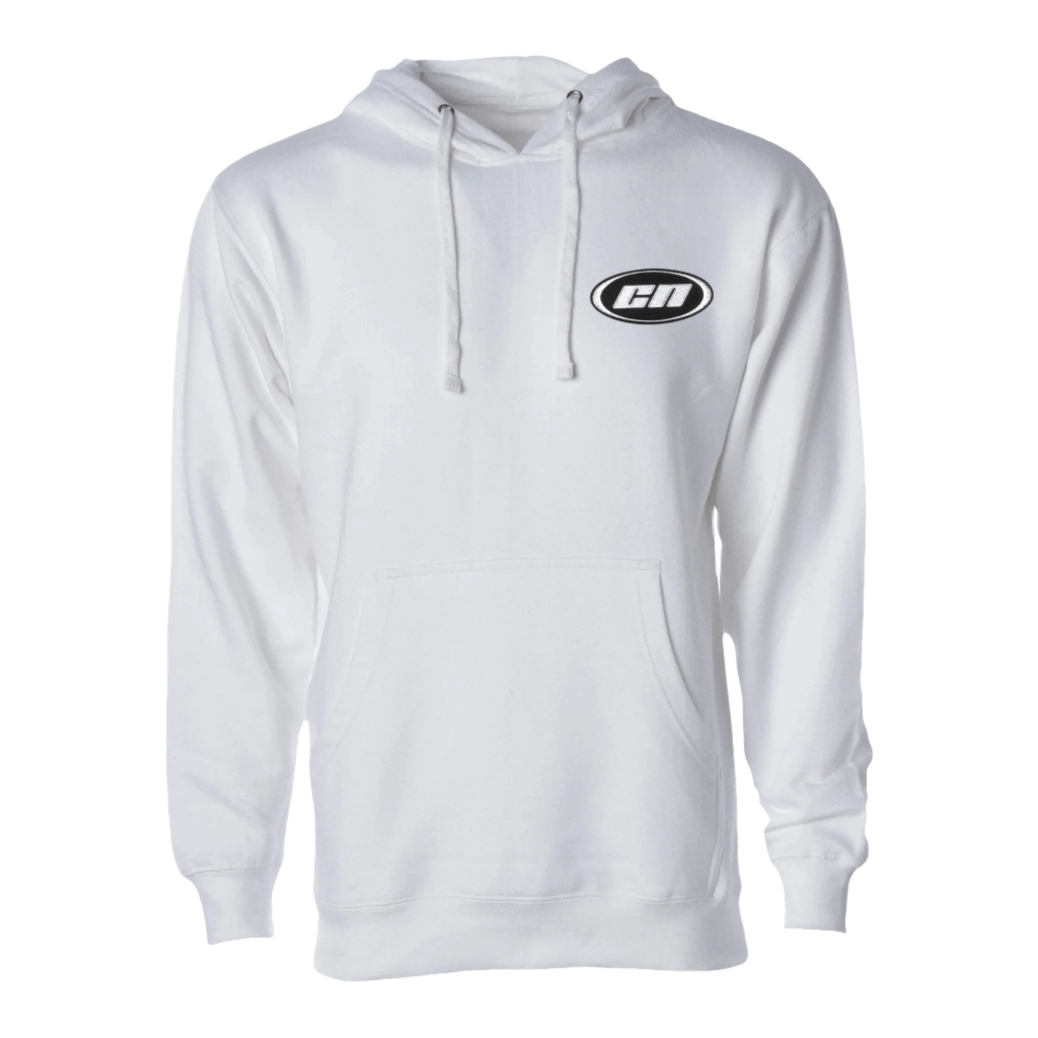 White pullover hoodie, soft lightweight fleece with Club Neo logo, kangaroo pouch, adjustable drawstrings, unisex fit.