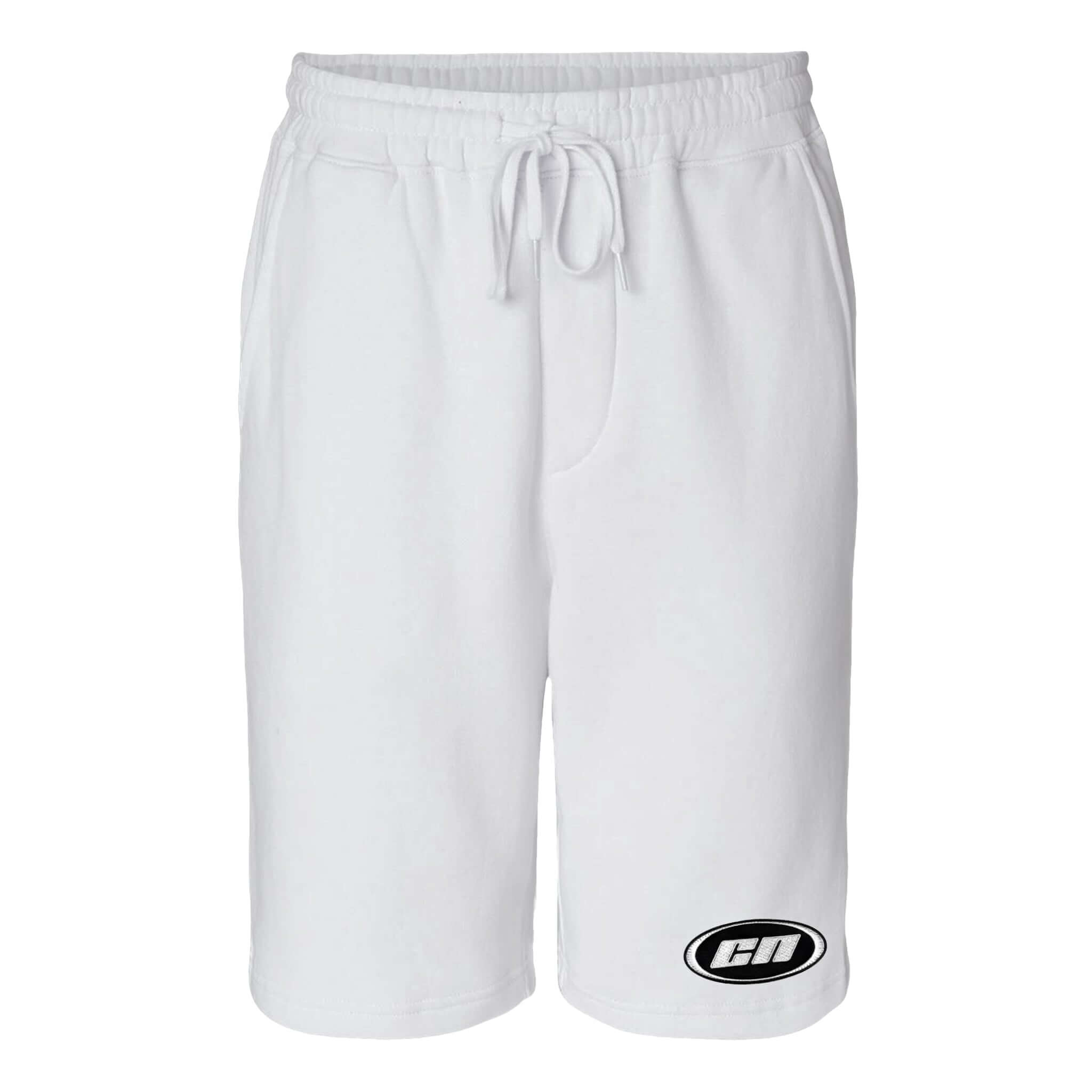 White fleece shorts with adjustable drawstrings and side pockets, featuring embroidered Club Neo logo.