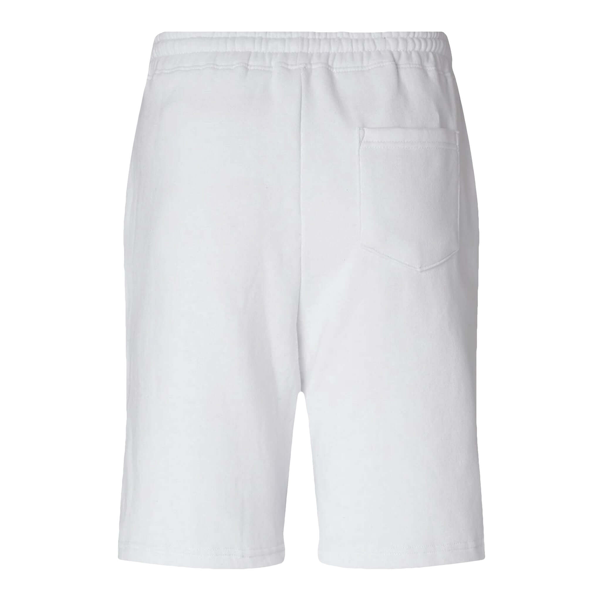 Back view of white fleece shorts with high-rise elasticated waist and side pockets, featuring a relaxed fit design.