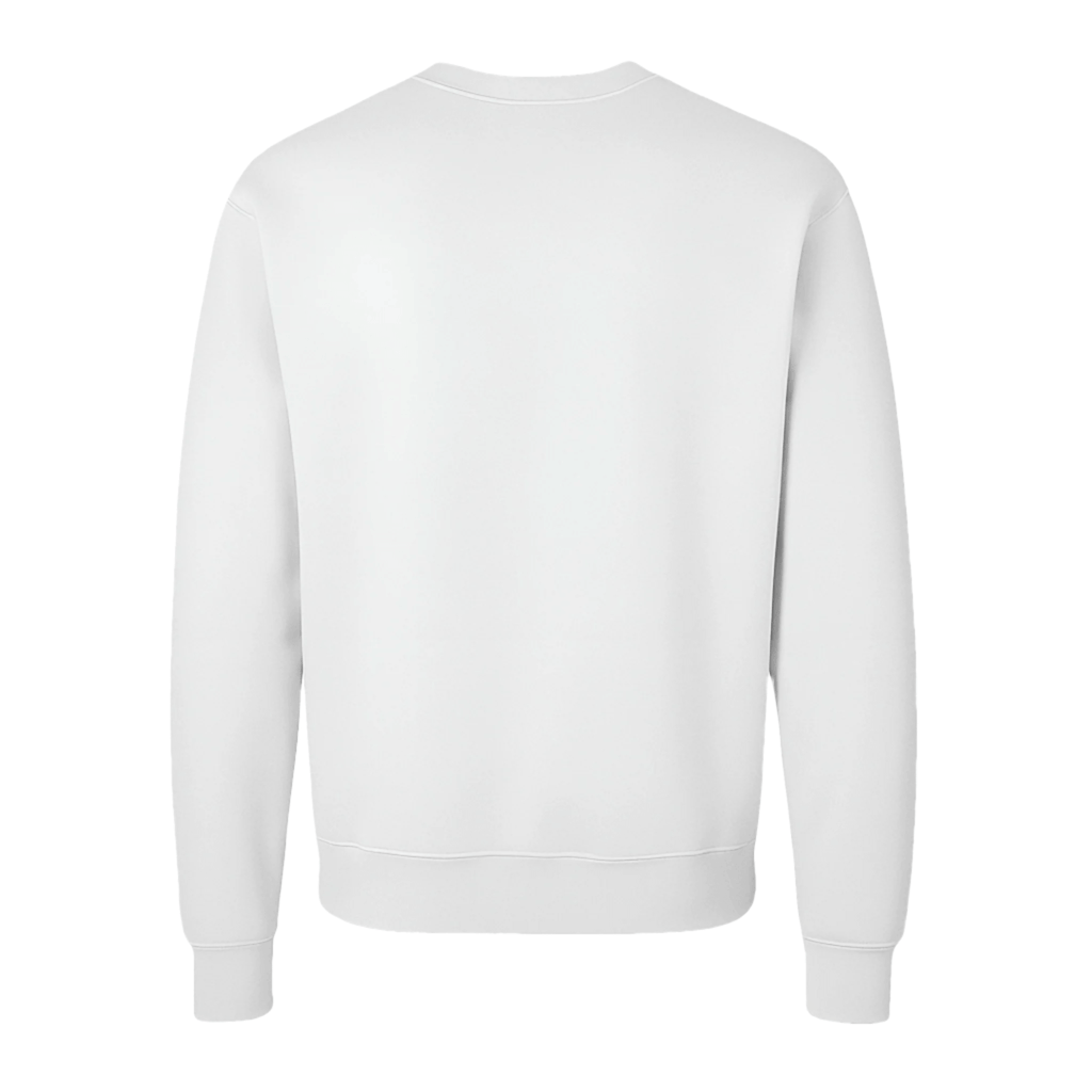 Back view of a white lightweight fleece crewneck sweater featuring a semi-relaxed fit and cuffed sleeves.