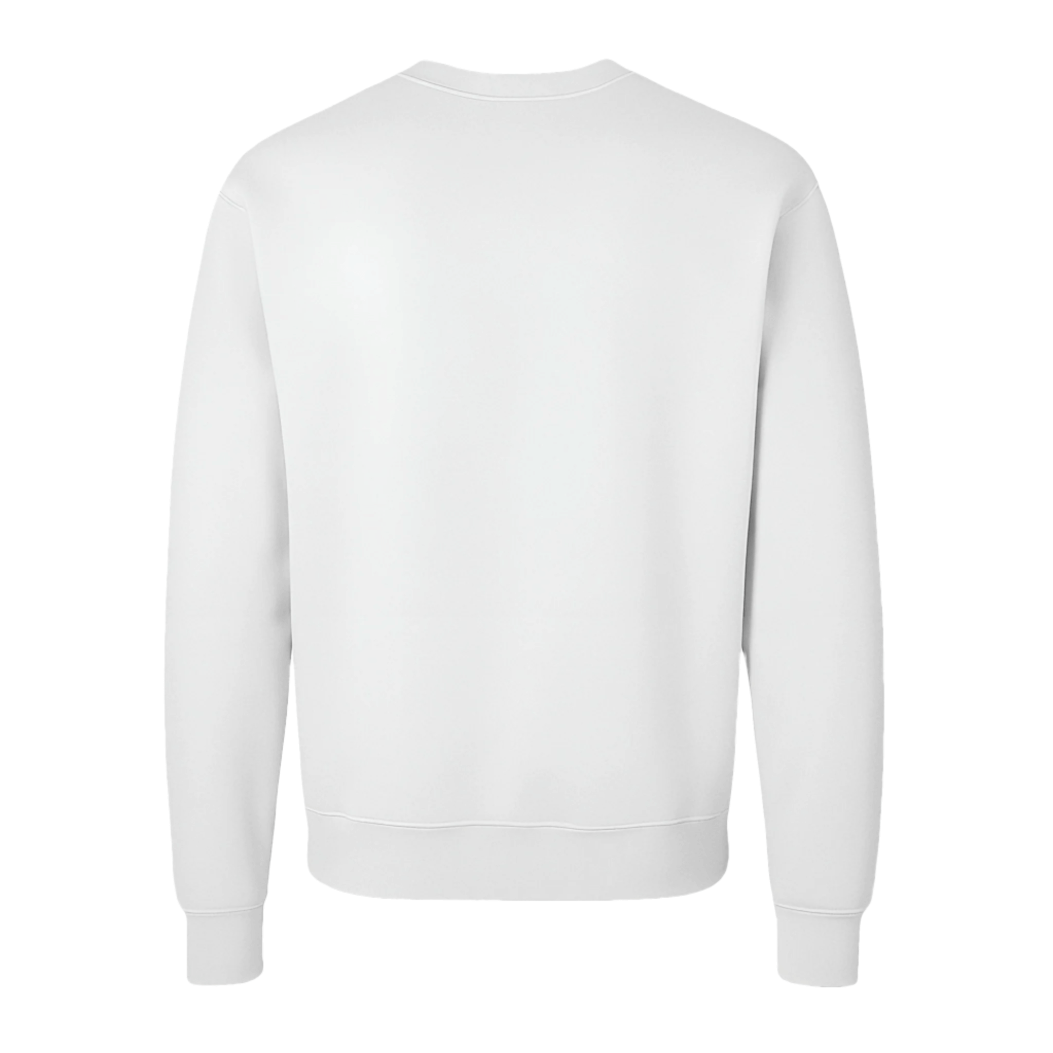Back view of a white lightweight fleece crewneck sweater featuring a semi-relaxed fit and cuffed sleeves.