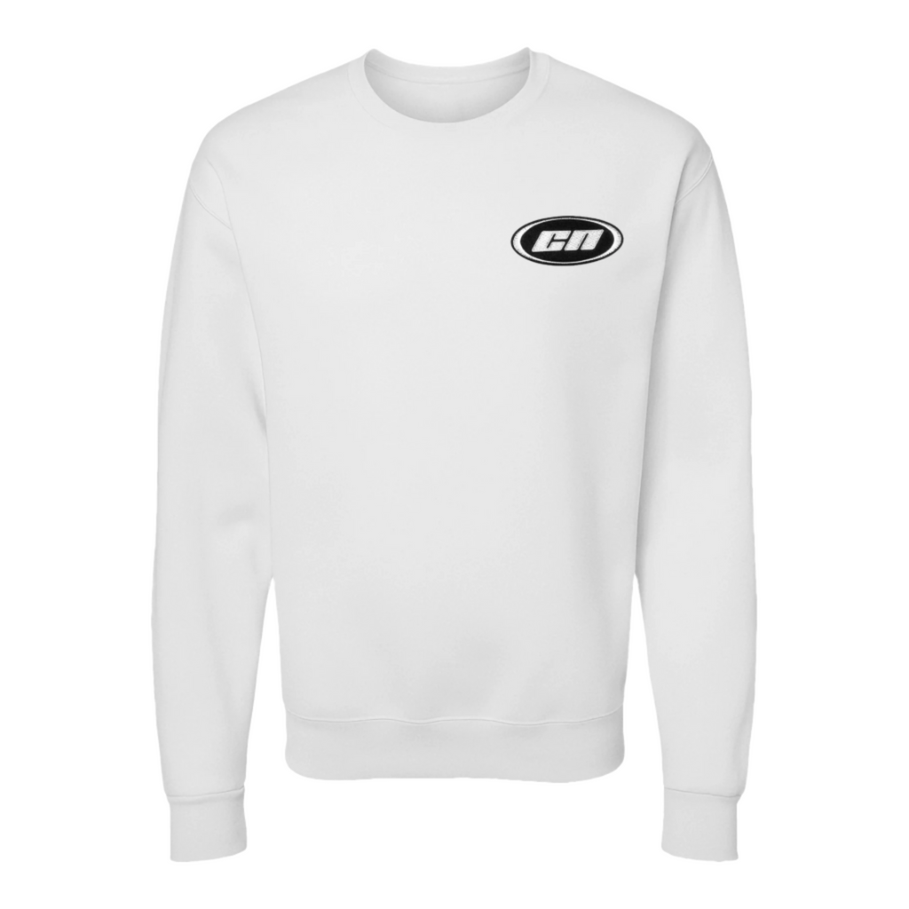 Crewneck sweater in white, made from lightweight fleece, featuring embroidered Club Neo logo for modern layering.