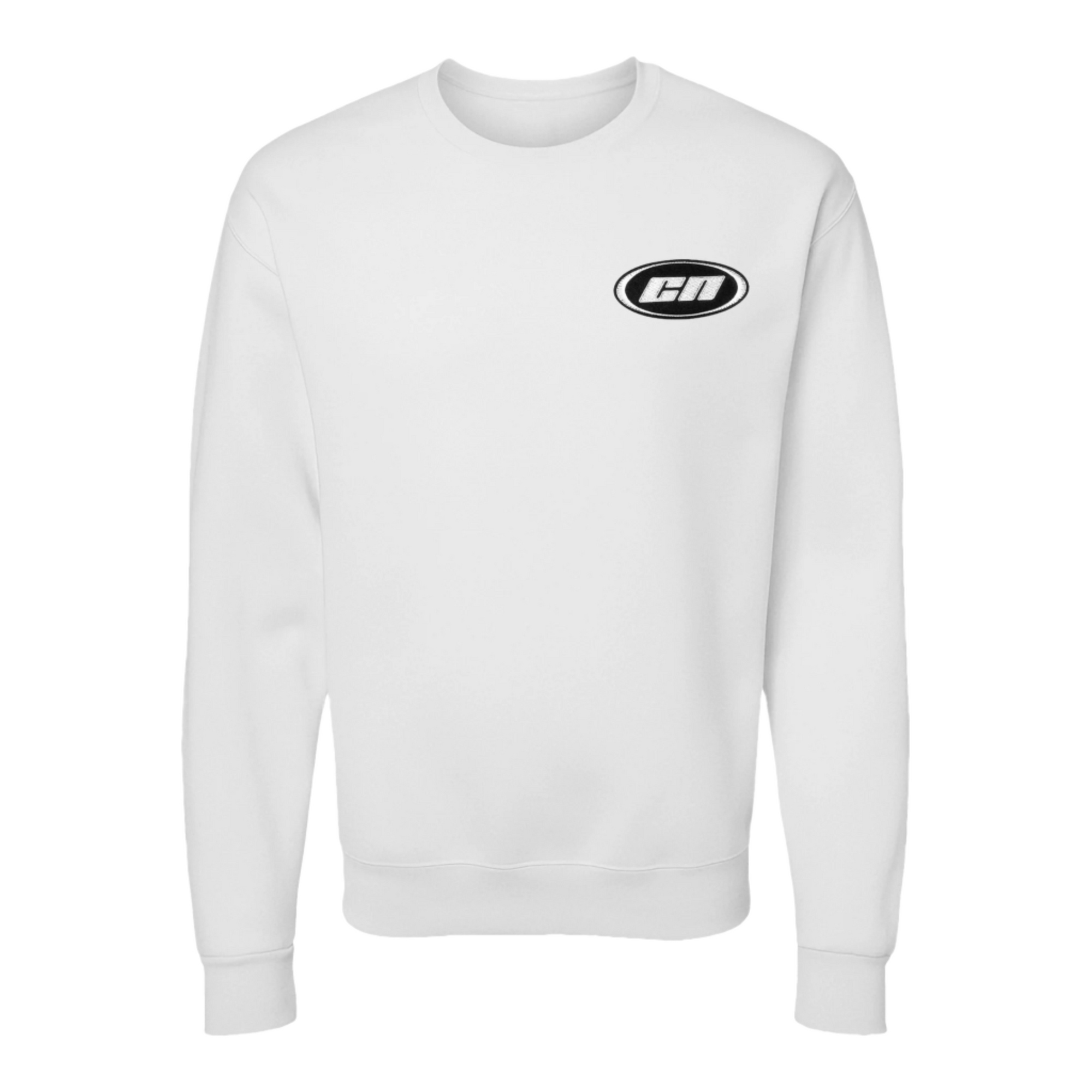 Crewneck sweater in white, made from lightweight fleece, featuring embroidered Club Neo logo for modern layering.