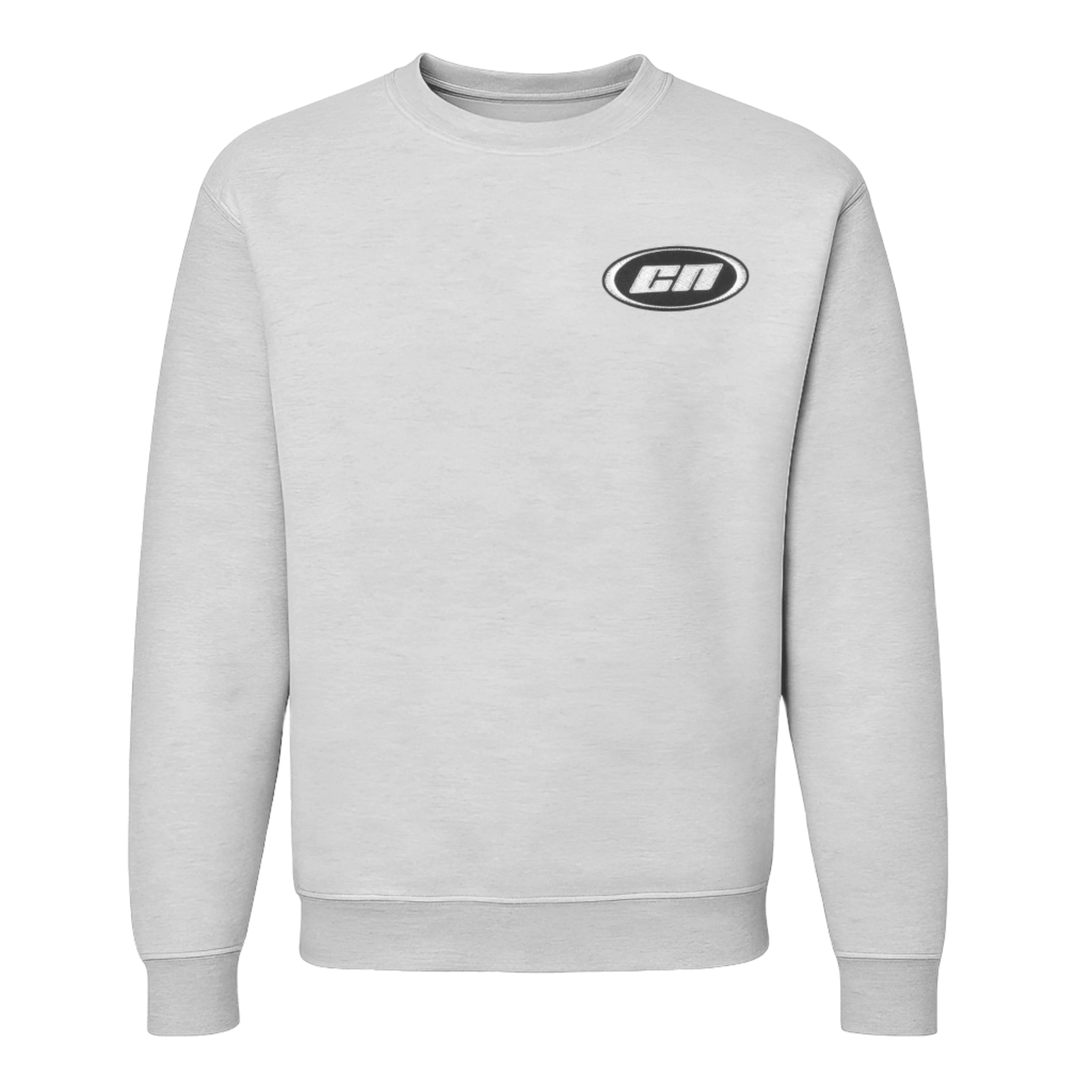 Lightweight marl grey crewneck sweater with embroidered logo, perfect for layering and everyday wear.