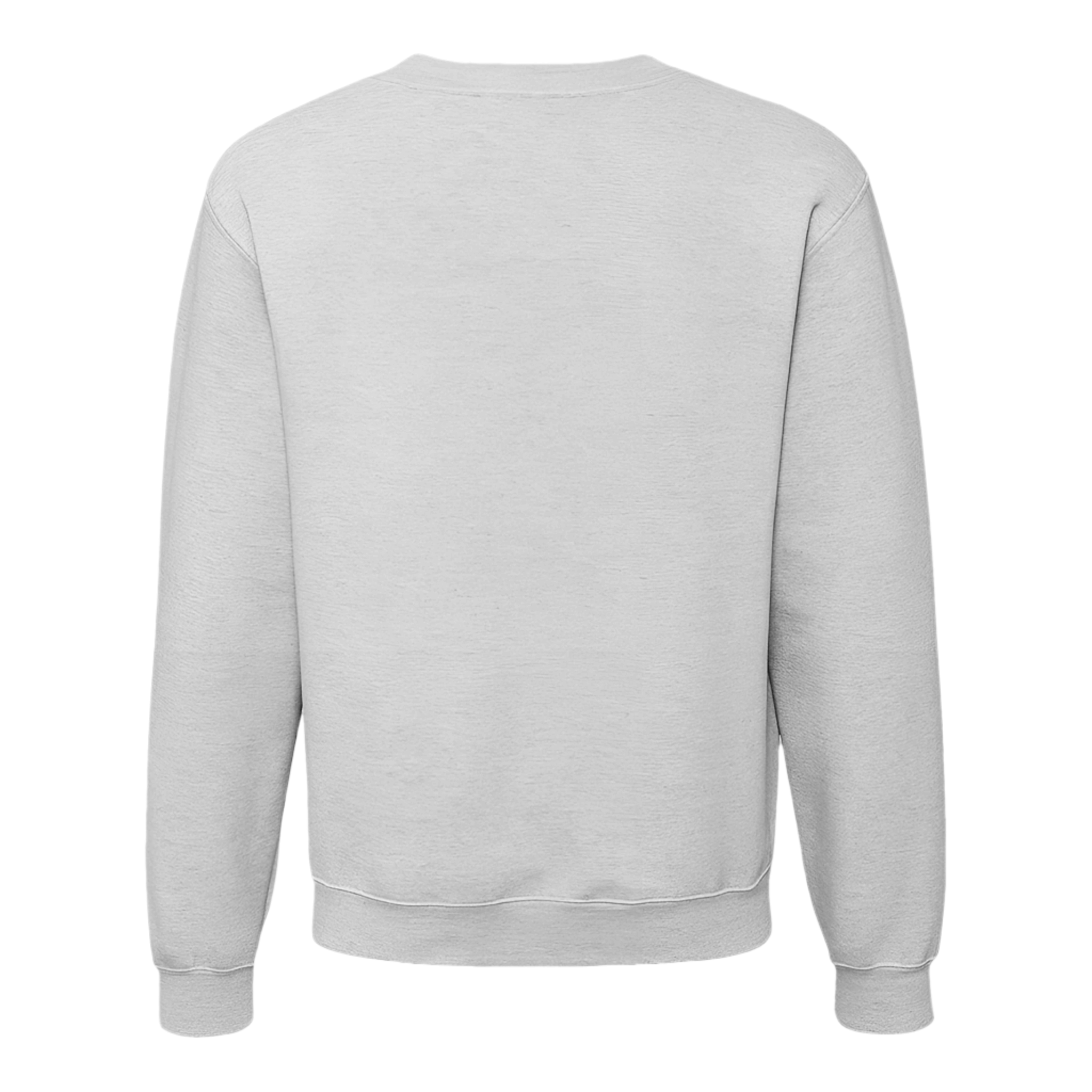 Back view of lightweight fleece crewneck sweater in marl grey, featuring cuffed sleeves and hem.
