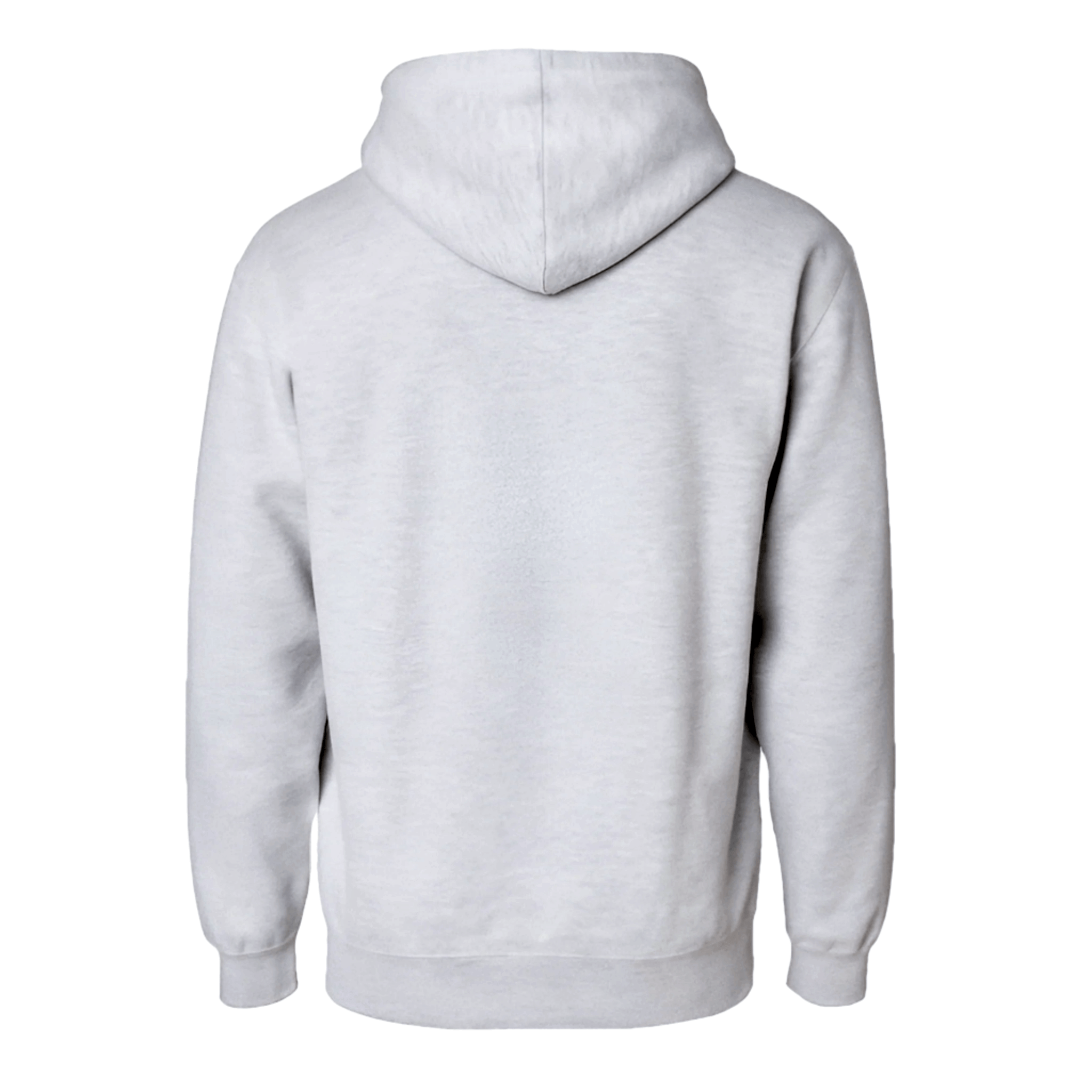 Back view of a soft lightweight fleece pullover hoodie in marl grey with adjustable hood and ribbed cuffs.