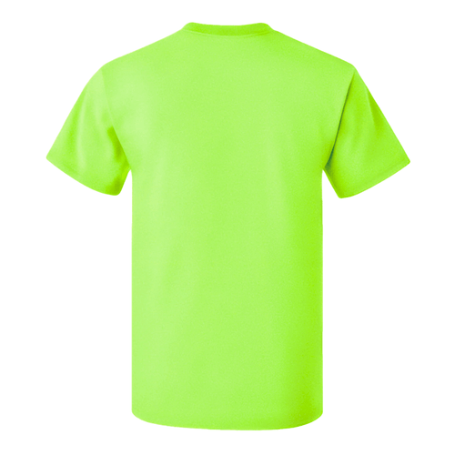 Back view of a unisex crewneck cotton t-shirt in neon green, featuring a classic fit and clean design.