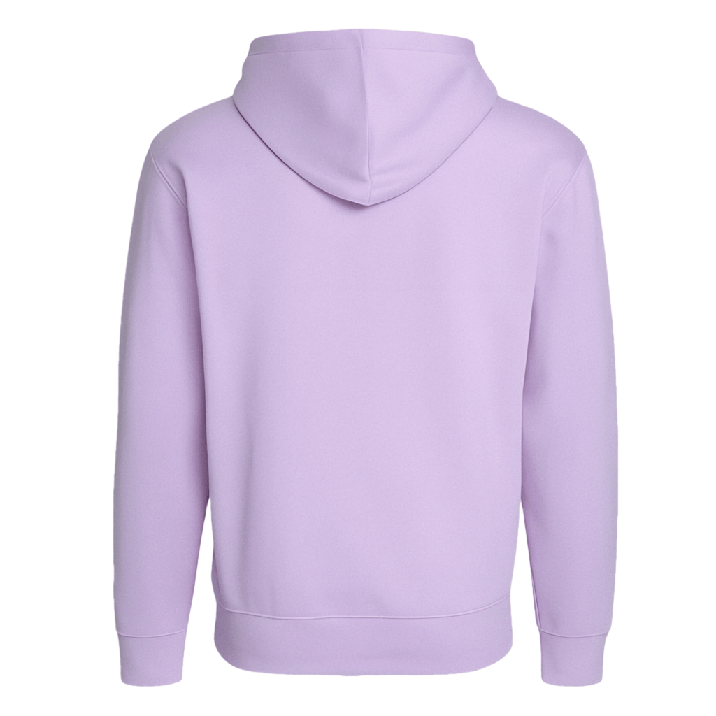 Back view of lavender pullover hoodie, features lined hood and ribbed hem, perfect for laidback layering.
