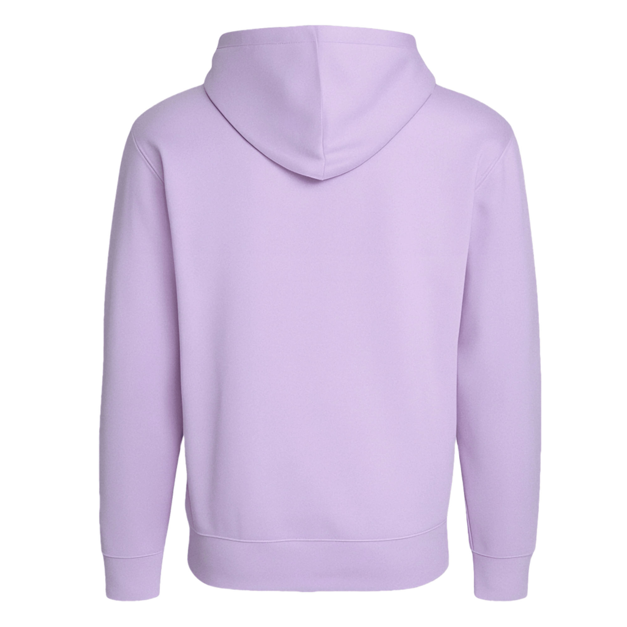 Back view of lavender pullover hoodie, features lined hood and ribbed hem, perfect for laidback layering.