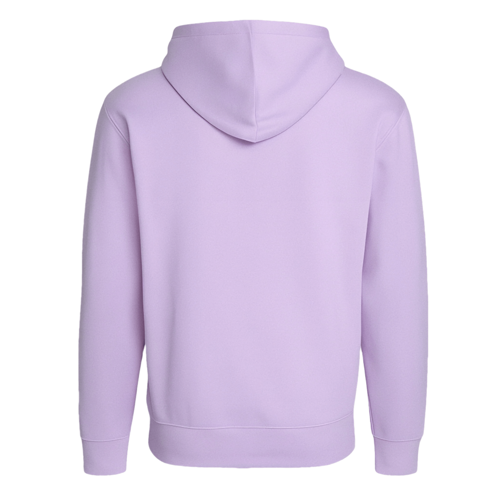 Back view of lavender pullover hoodie, features lined hood and ribbed hem, perfect for laidback layering.